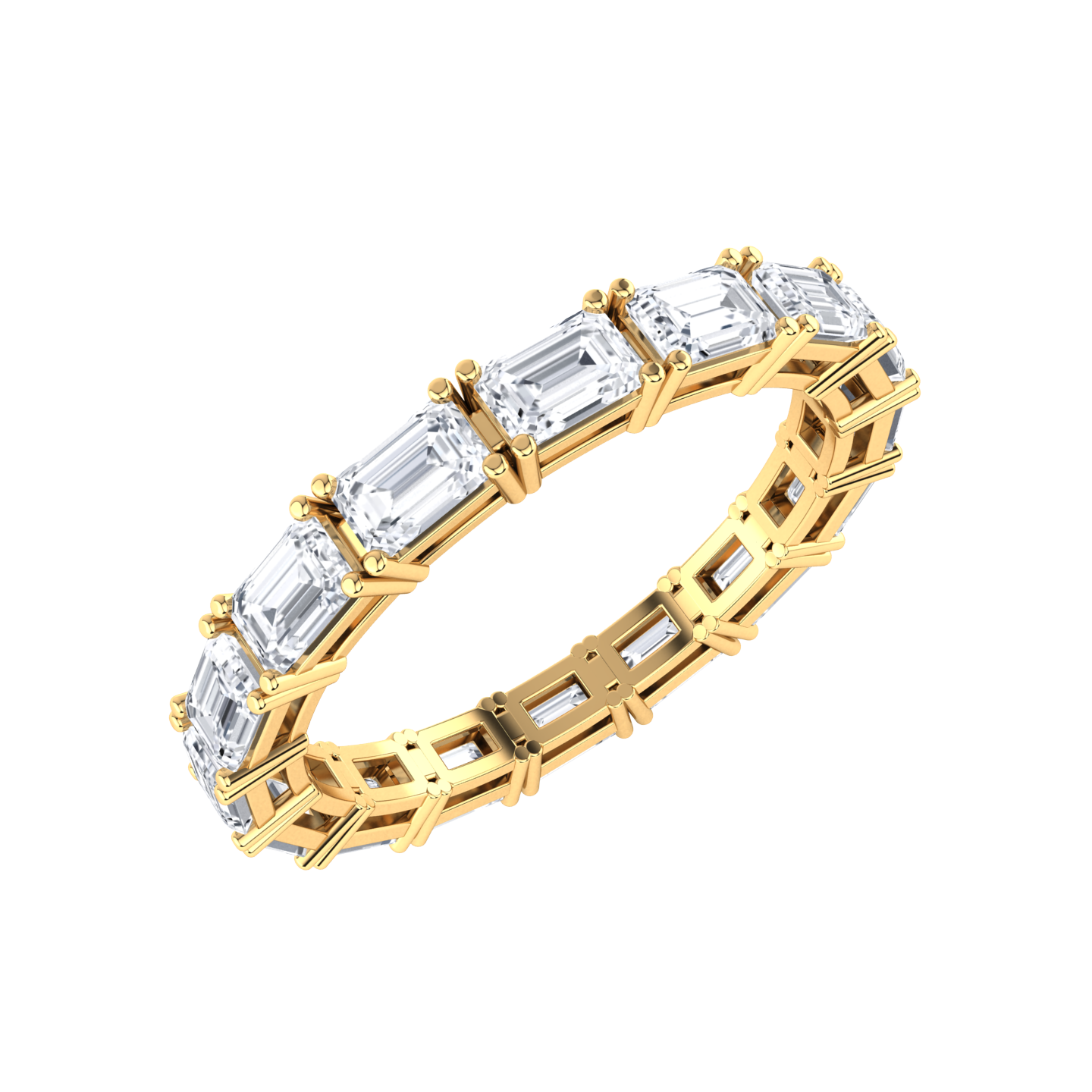 Angled view of a yellow gold full set eternity ring with emerald cut lab grown diamonds set horizontally