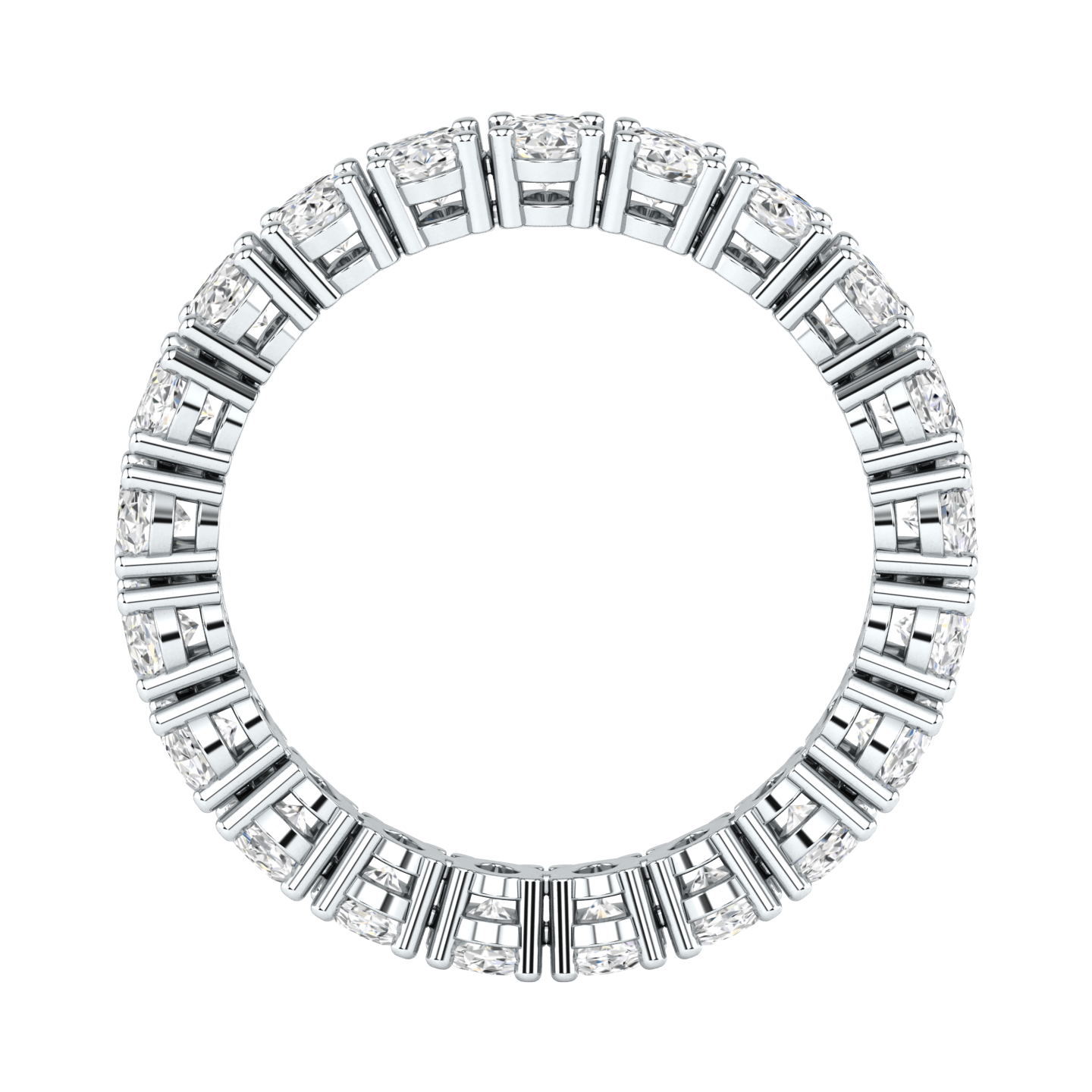 Flat view of a platinum white gold full set eternity ring with oval cut lab grown diamonds set vertically