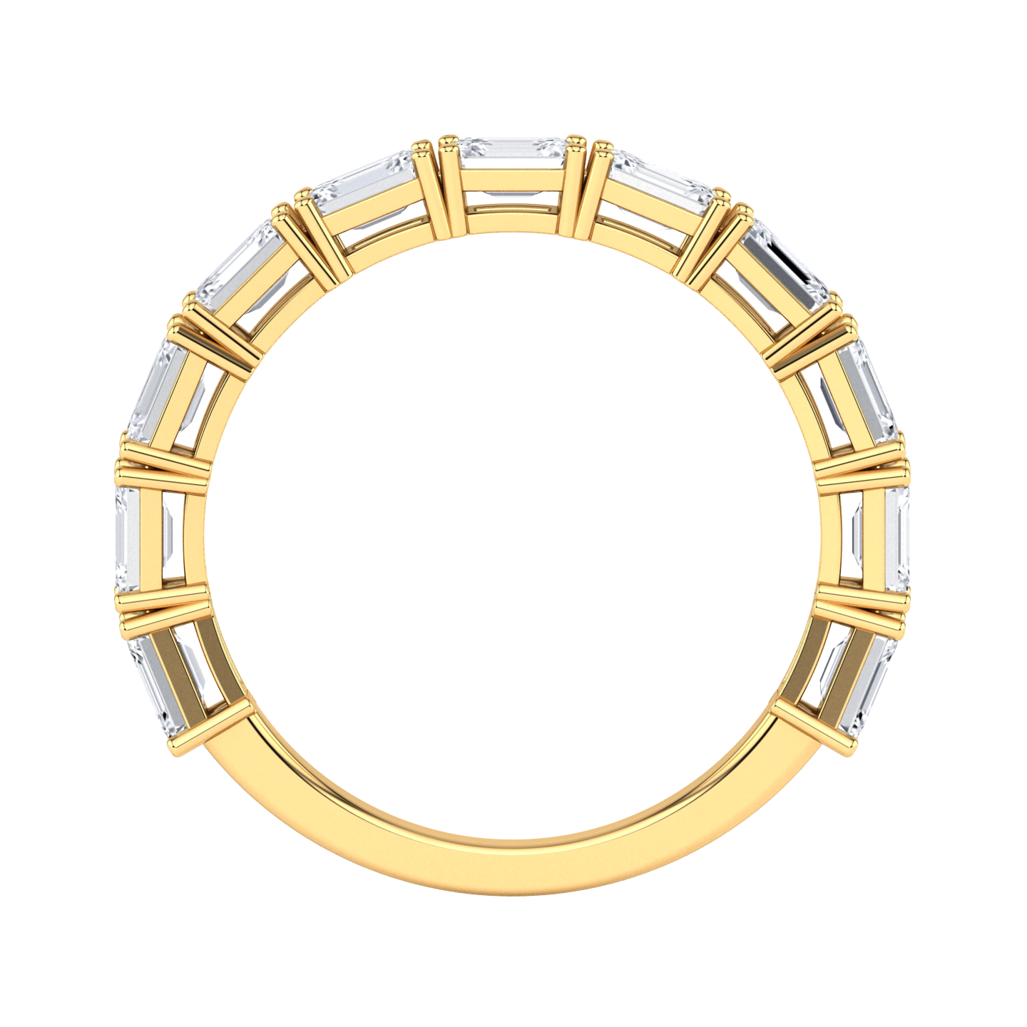 Flat view of a yellow gold half set eternity ring with emerald cut lab grown diamonds set horizontally