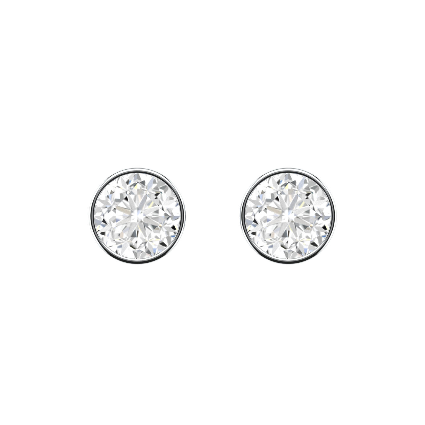 Front profile of a pair of platinum white gold solitaire stud earrings with round brilliant diamonds in a rubover setting