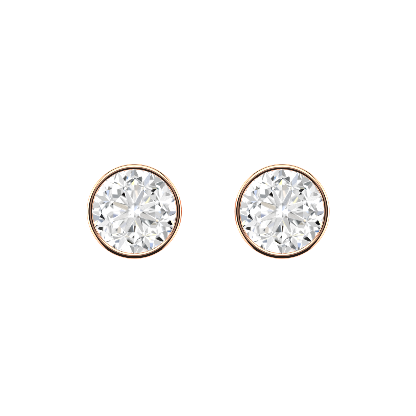 Front profile of a pair or rose gold solitaire stud earrings with round brilliant diamonds in a rubover setting