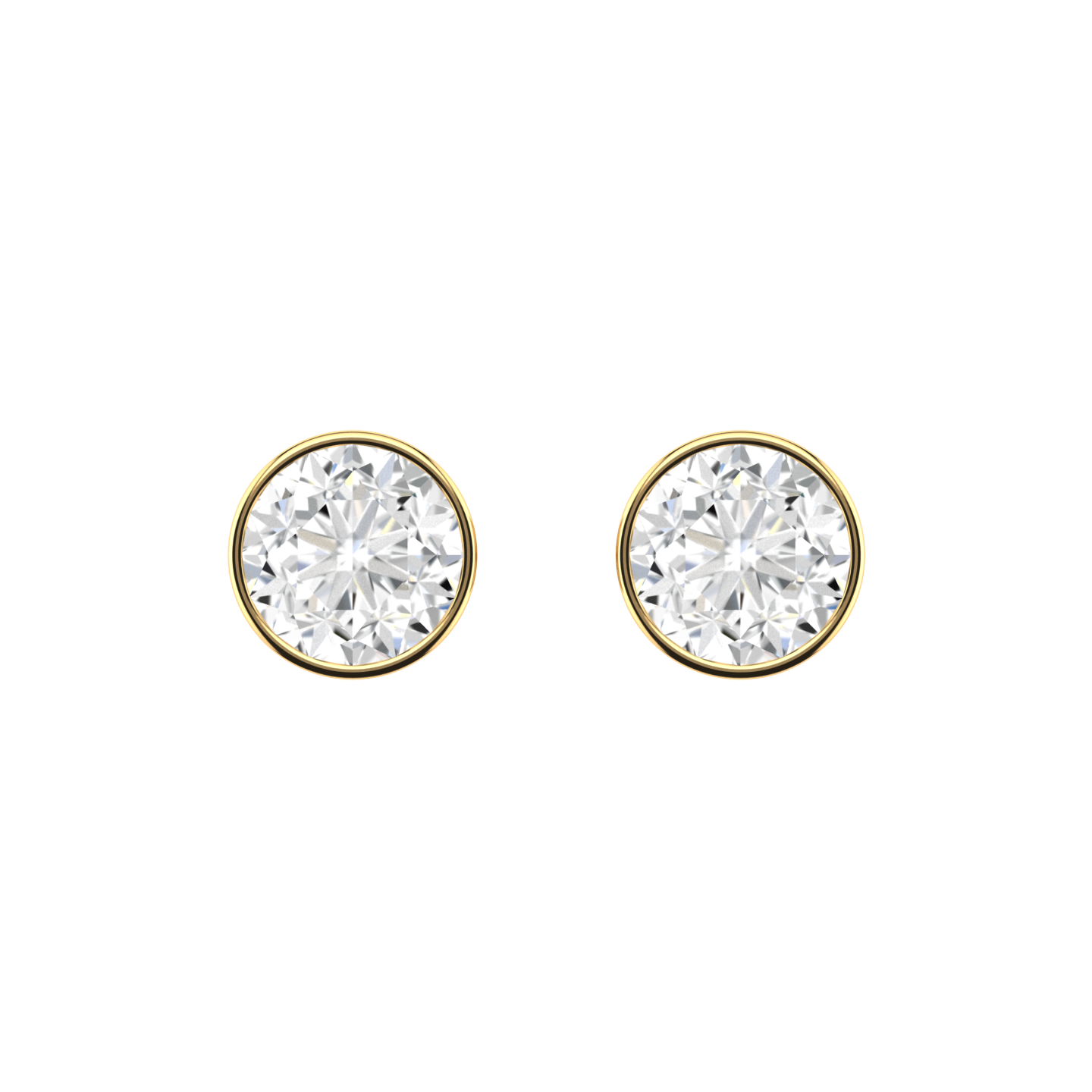 Front profile of a pair of yellow gold solitaire stud earrings with round brilliant diamonds in a rub over setting