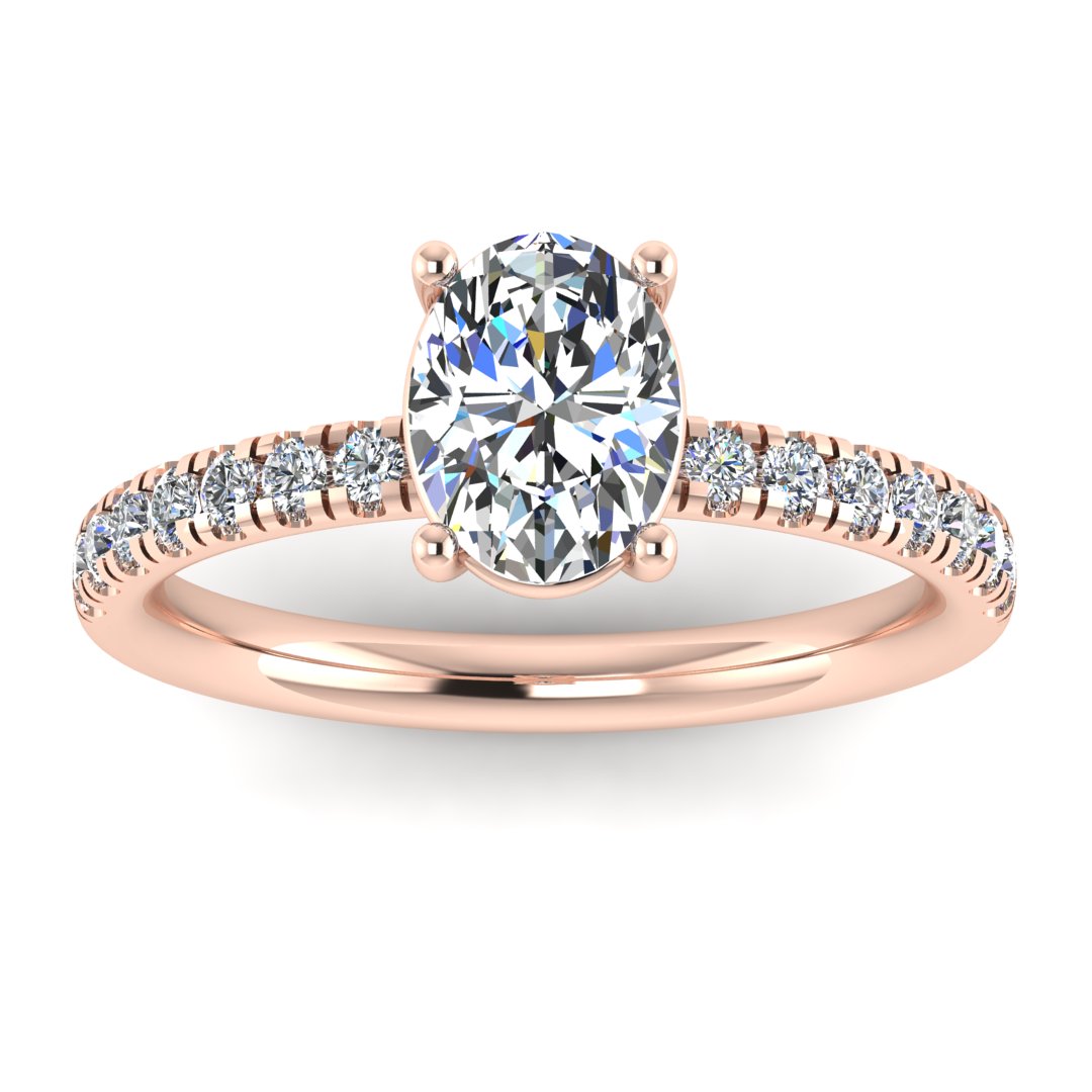 Front view of rose gold engagement ring with oval cut lab grown diamond set on a pave band with side shoulder stones
