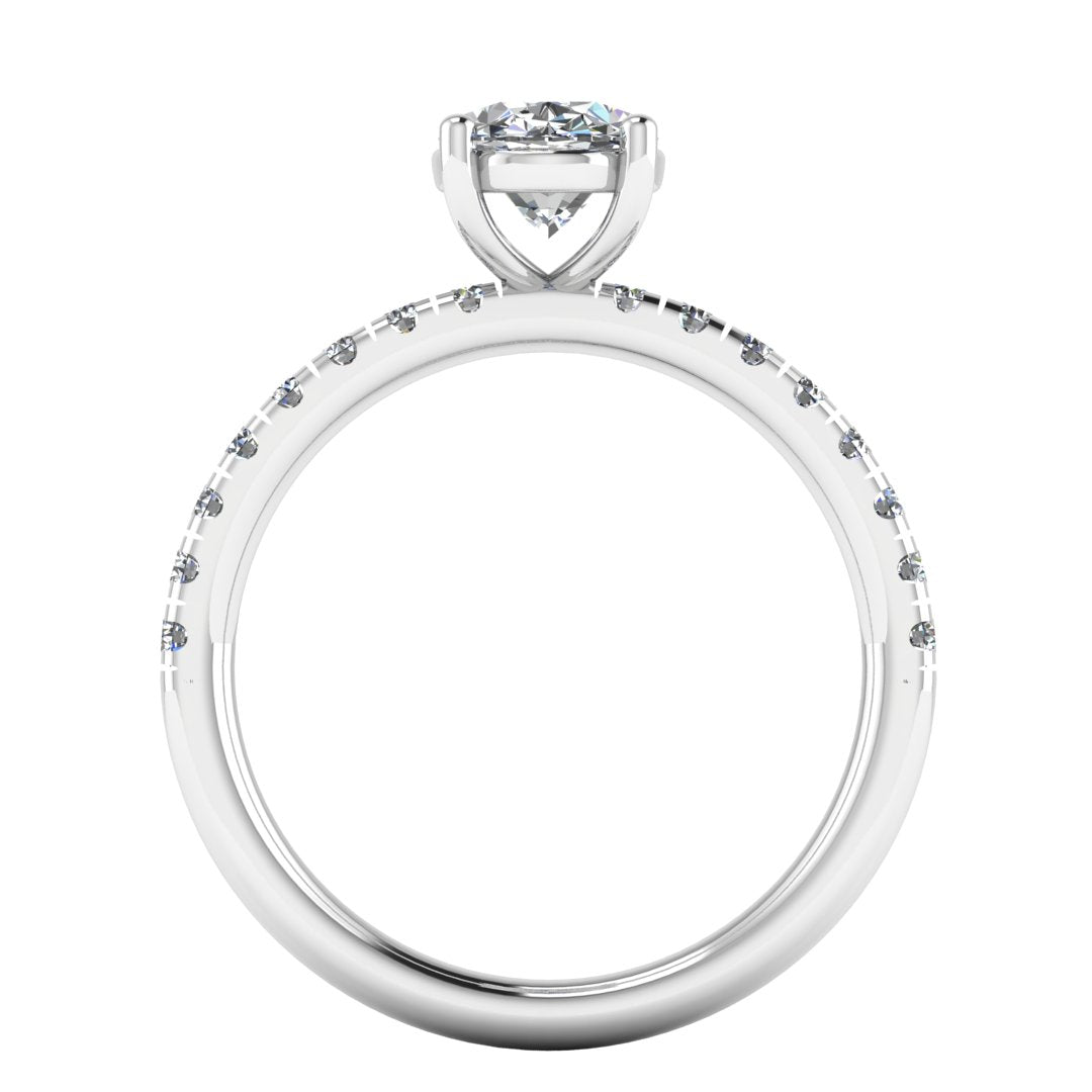 Flat view of white gold and platinum engagement ring with oval cut lab grown diamond set on a pave band with side shoulder stones