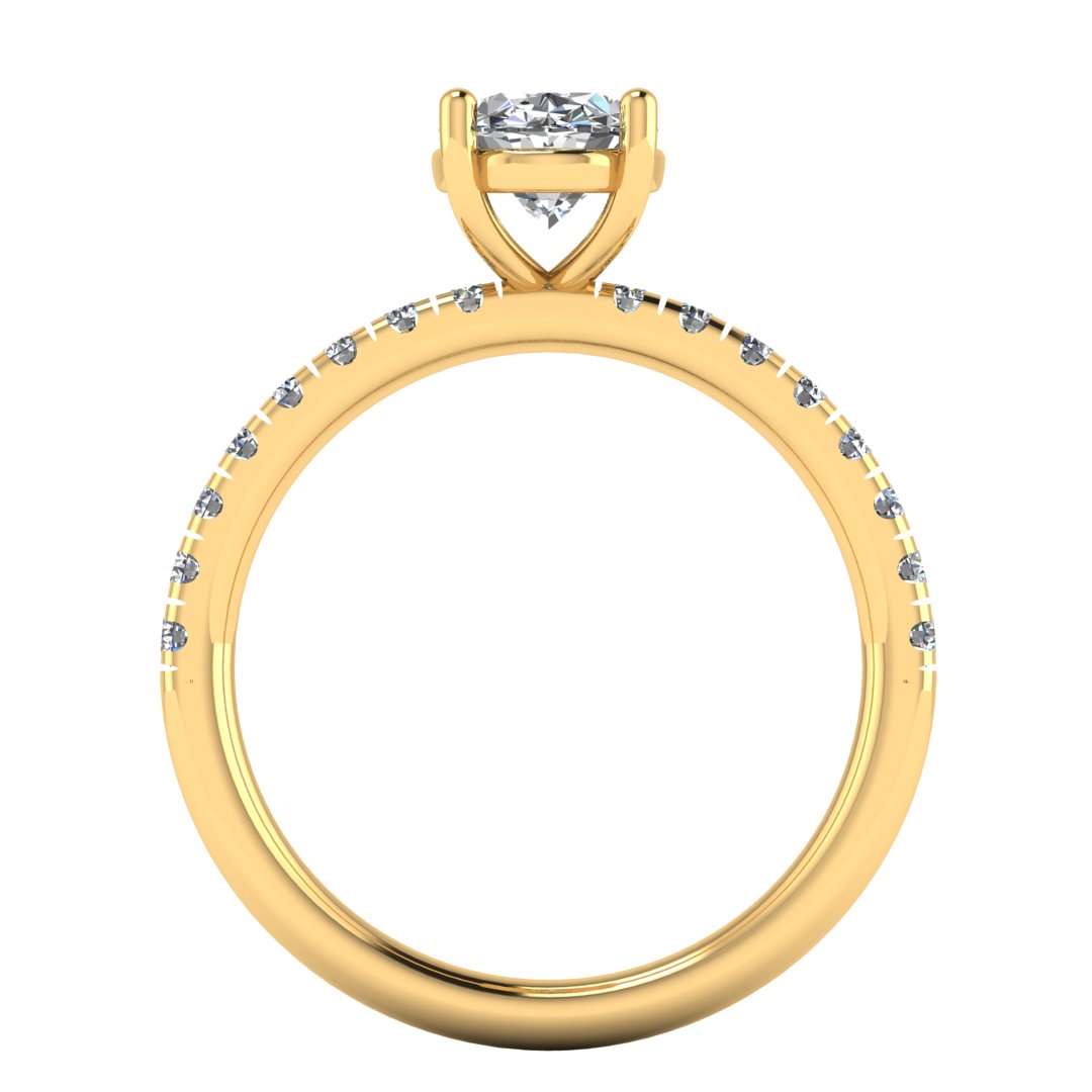 Flat view of yellow gold engagement ring with oval cut lab grown diamond set on a pave band with side shoulder stones
