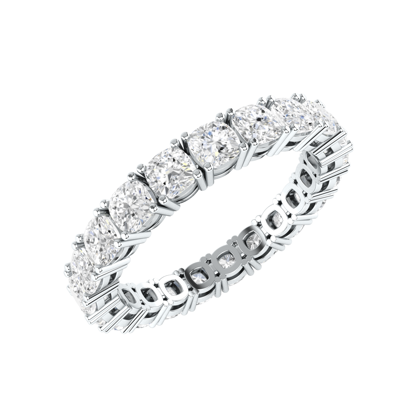 Angled view of a platinum white gold full set eternity ring with cushion cut lab grown diamonds