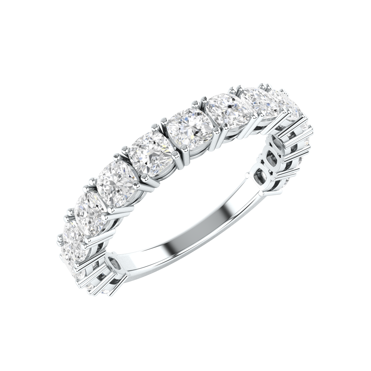 Angled view of a platinum white gold half set eternity ring with cushion cut lab grown diamonds