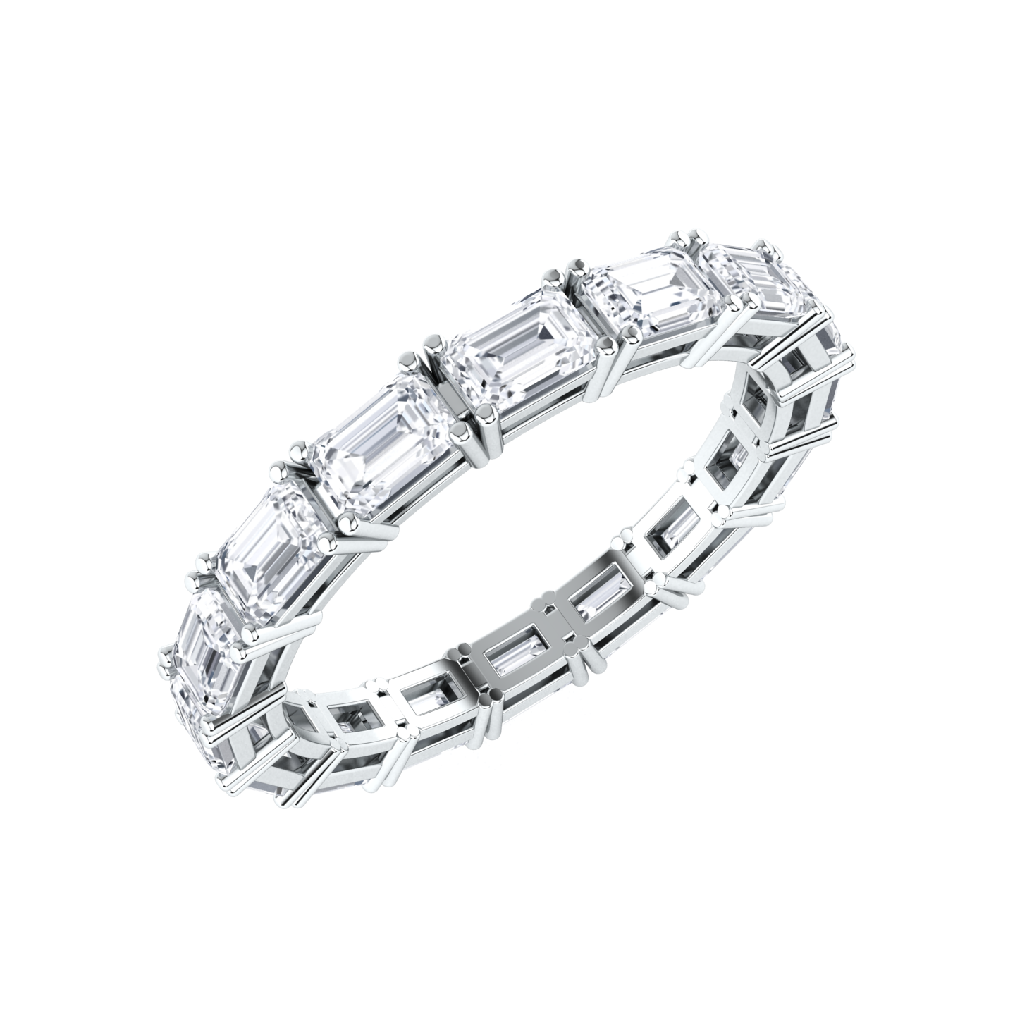 Angled view of a platinum white gold full set eternity ring with emerald cut lab grown diamonds set horizontally