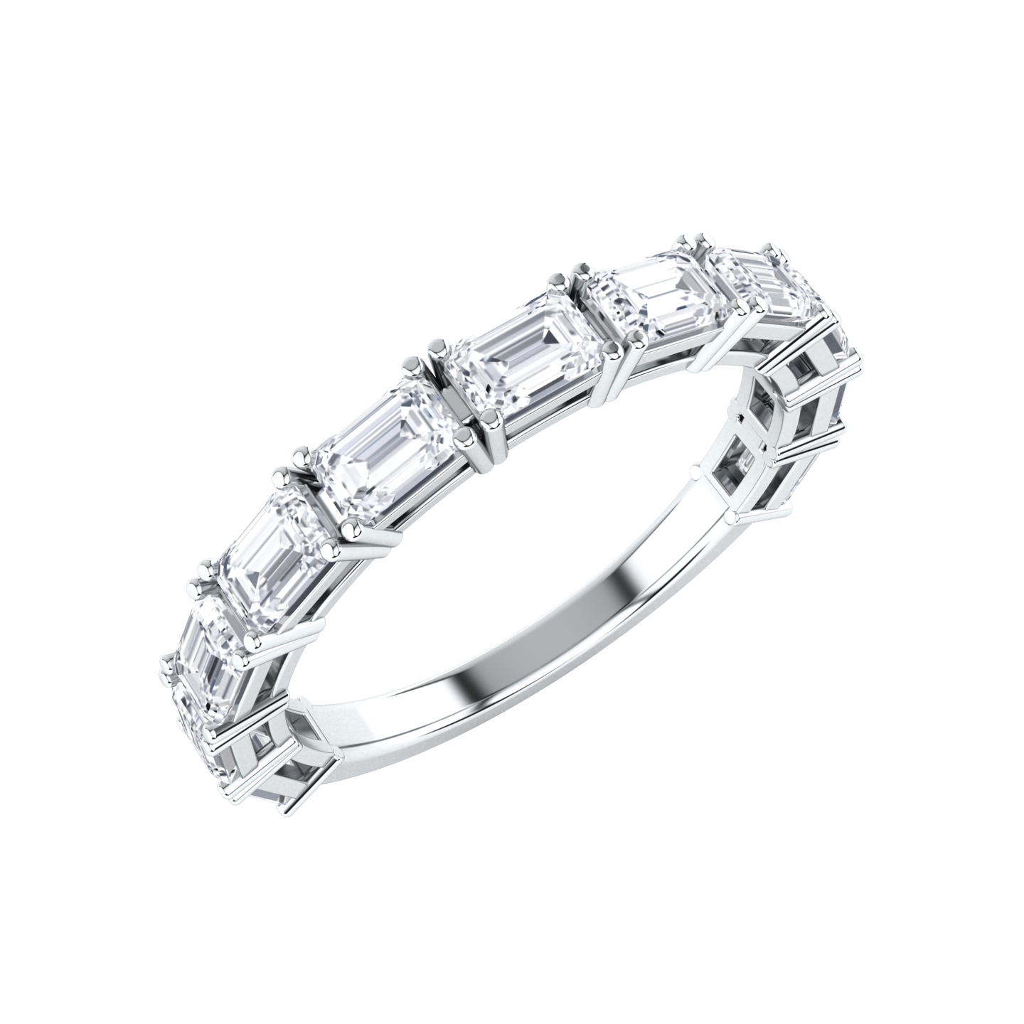 Angled view of a platinum white gold half set eternity ring with emerald cut lab grown diamonds set horizontally