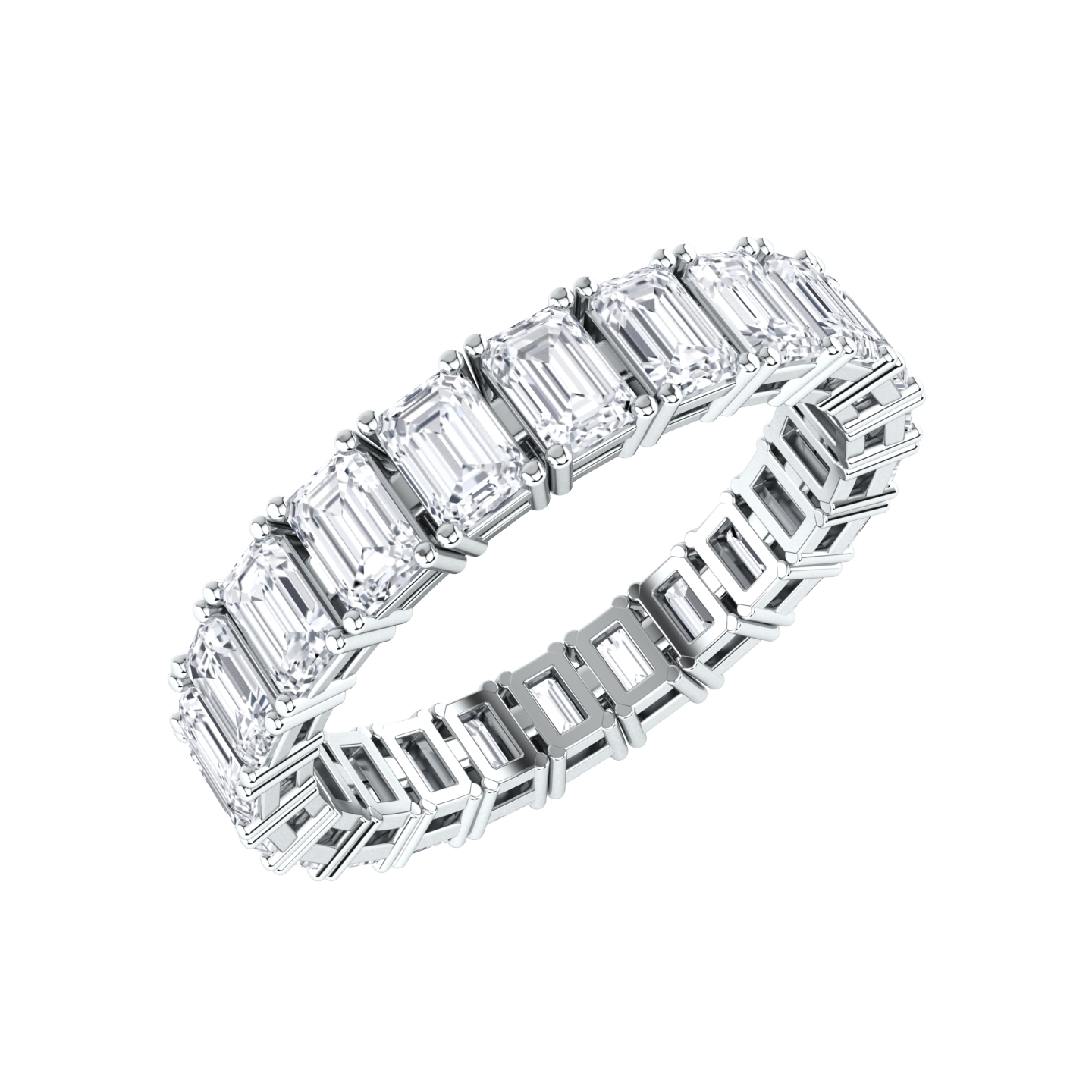 Angled view of a platinum white gold full set eternity ring with emerald cut lab grown diamonds set vertically
