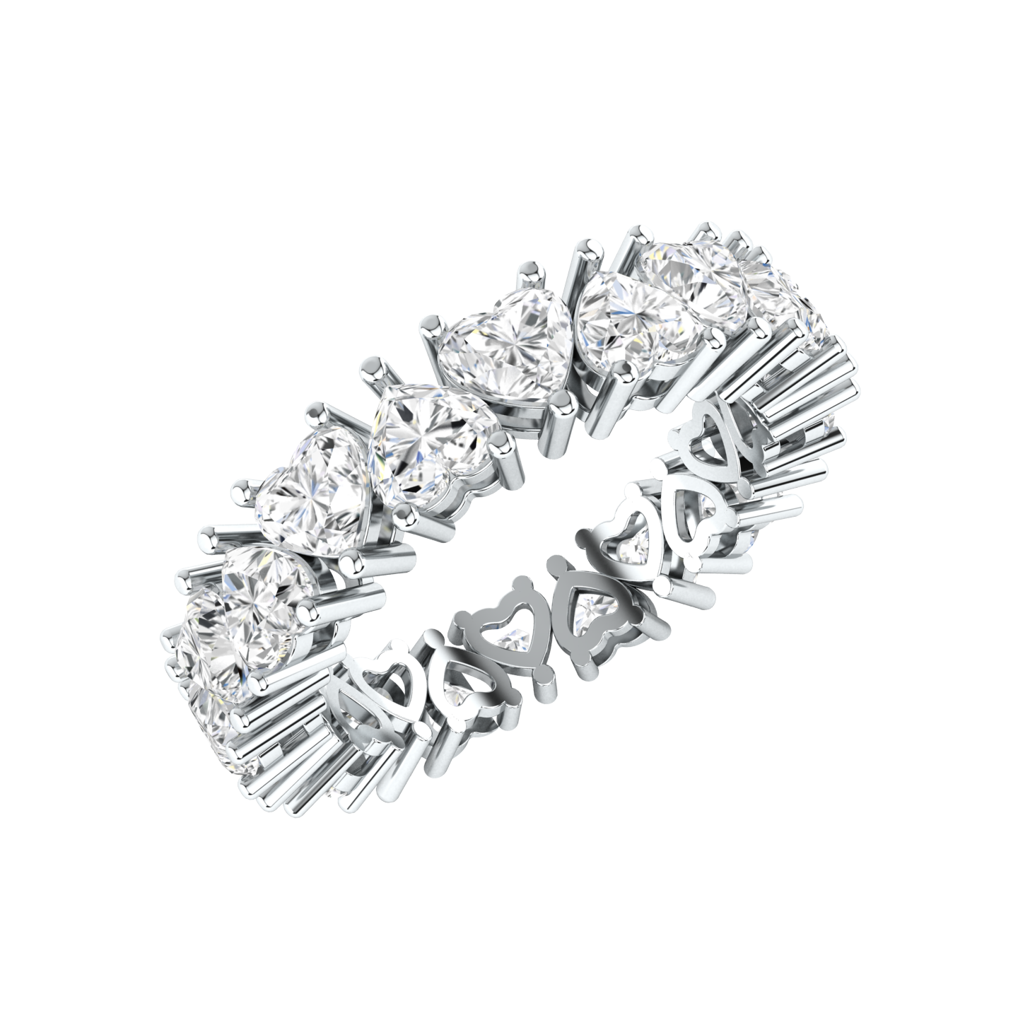 Angled view of a platinum white gold full set eternity ring with hear cut lab grown diamonds