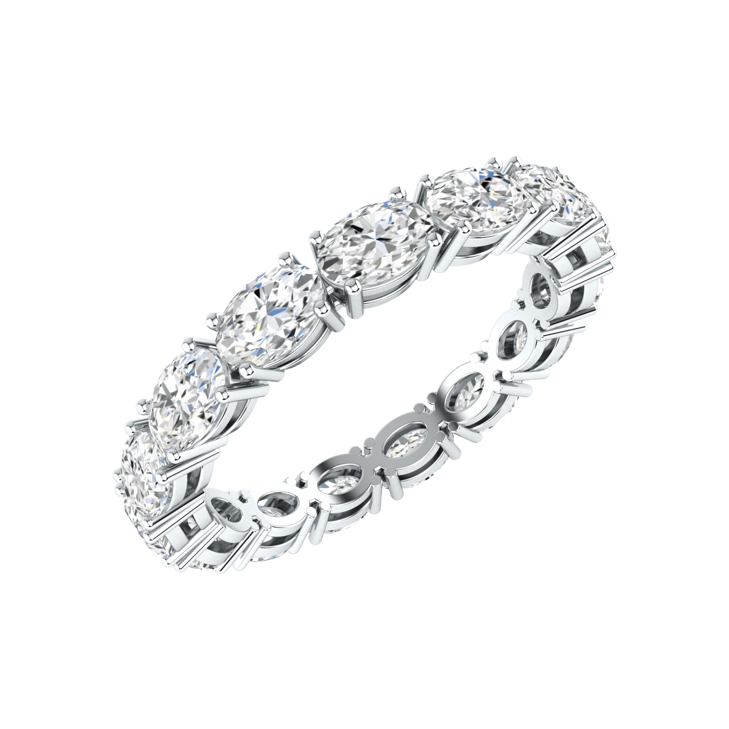 Angled view of a platinum white gold full set eternity ring with oval cut lab grown diamonds set horizontally