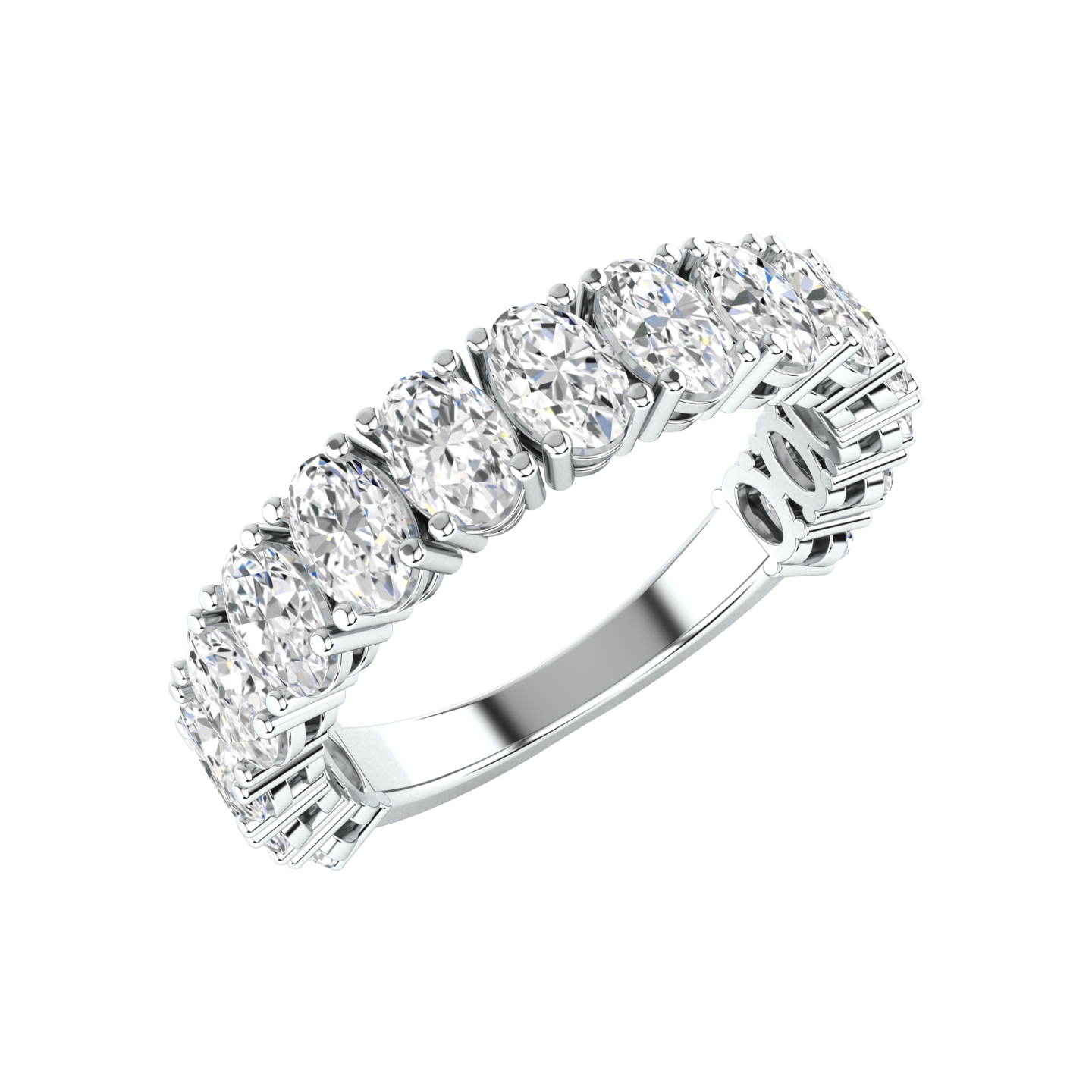 Angled view of a white gold platinum half set eternity ring with oval cut lab grown diamonds set vertically
