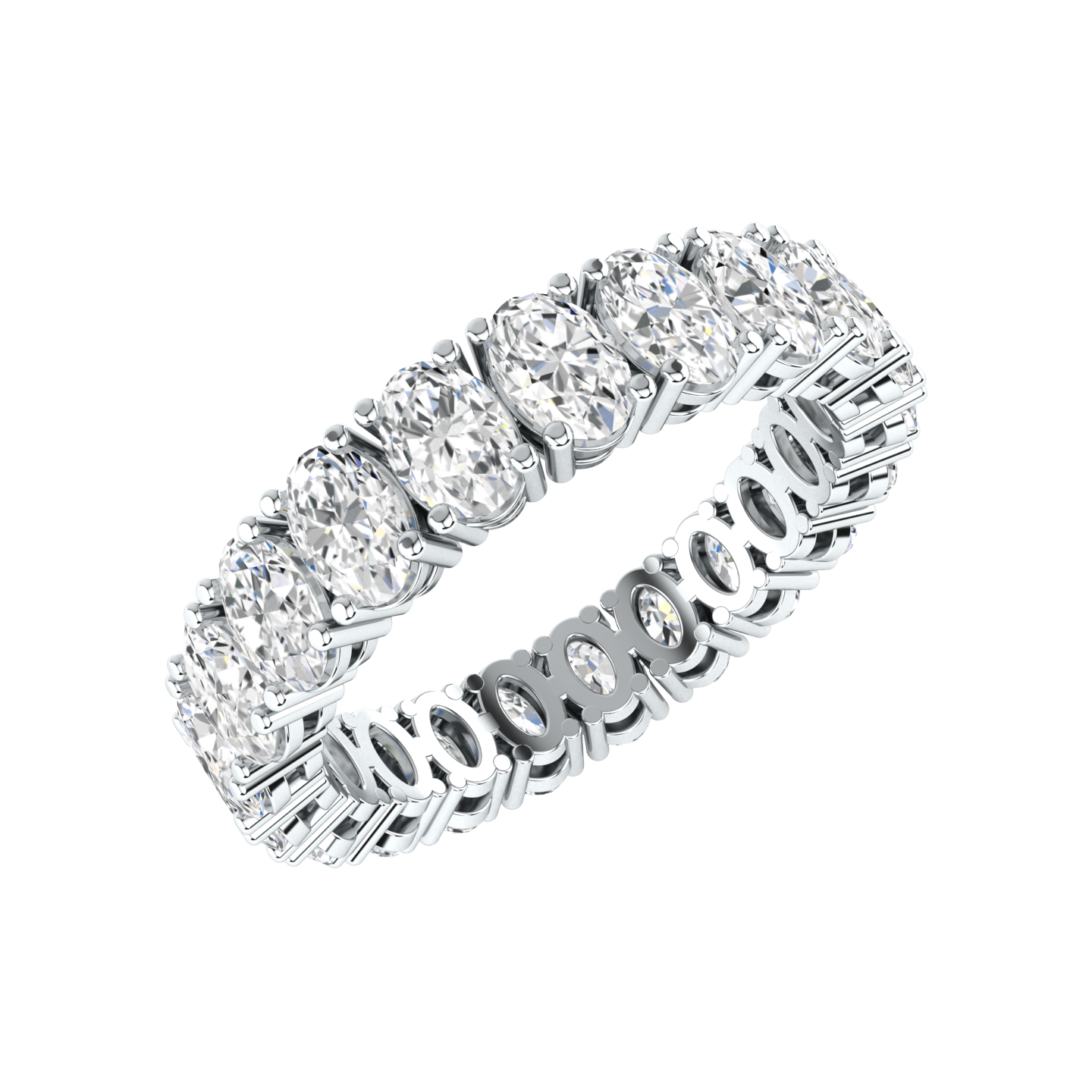 Angled view of a platinum white gold full set eternity ring with oval cut lab grown diamonds set vertically