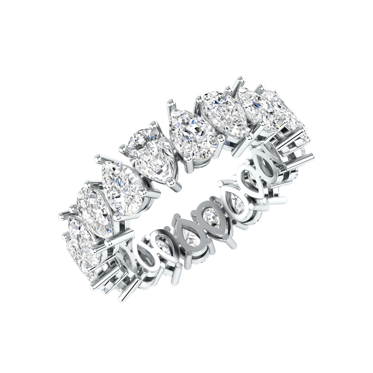 Angled view of a platinum white gold full set eternity ring with pear cut lab grown diamonds