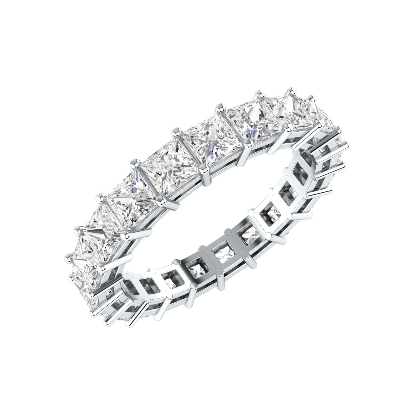 Angled view of a platinum white gold full set eternity ring with princess cut lab grown diamonds