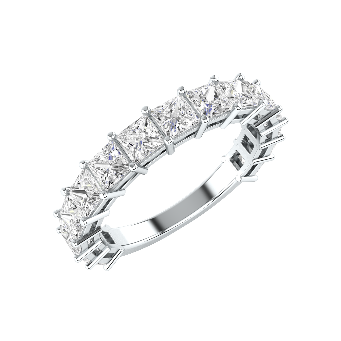 Angled view of a platinum white gold half set eternity ring with princess cut lab grown diamonds