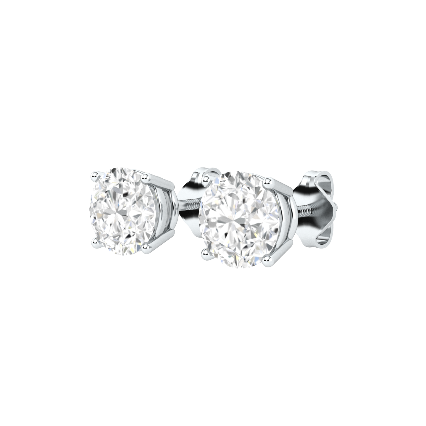 Angled profile of a pair of platinum white gold solitaire stud earrings with round brilliant diamonds in a 4 claw prong basket setting