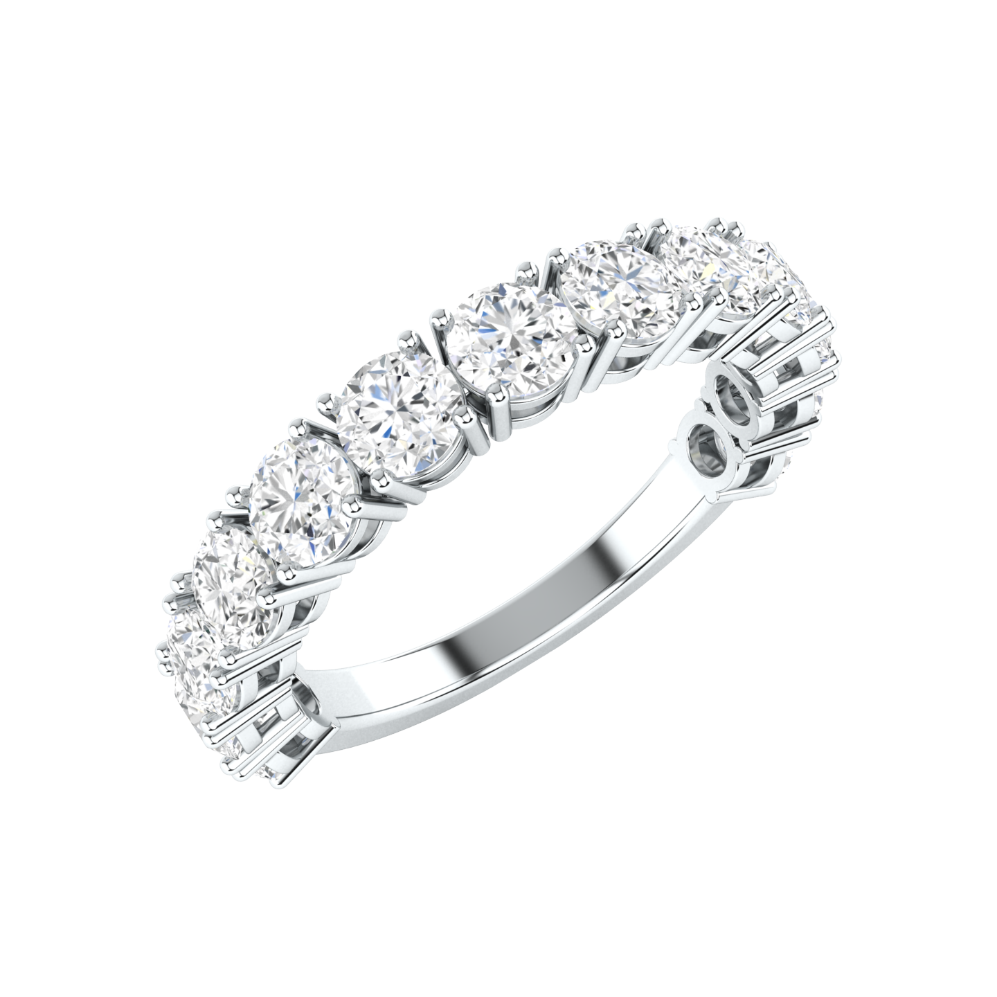 Angled view of a platinum white gold half set eternity ring with round brilliant cut lab grown diamonds
