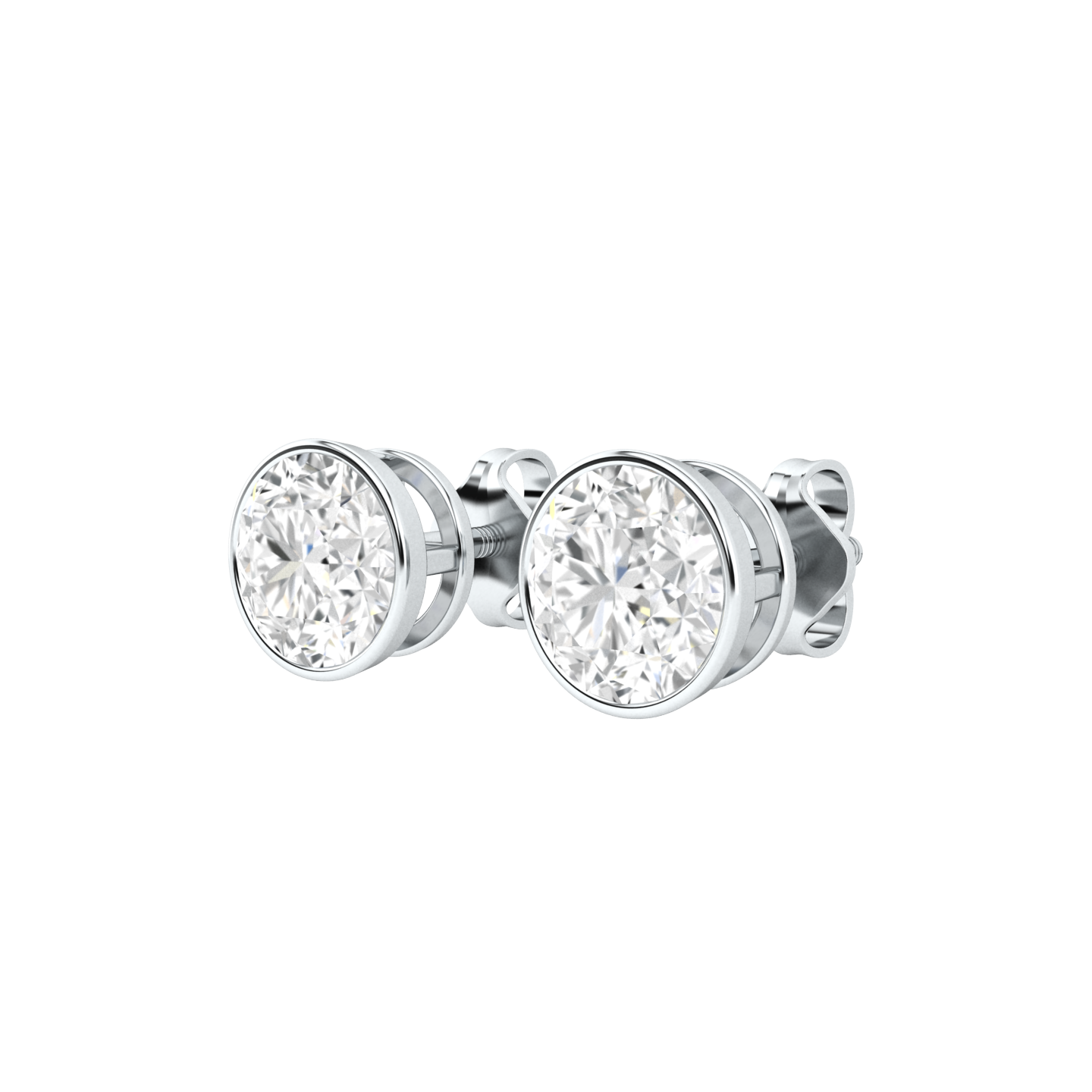 Angled profile of a pair of platinum white gold solitaire stud earrings with round brilliant diamonds in a rubover setting