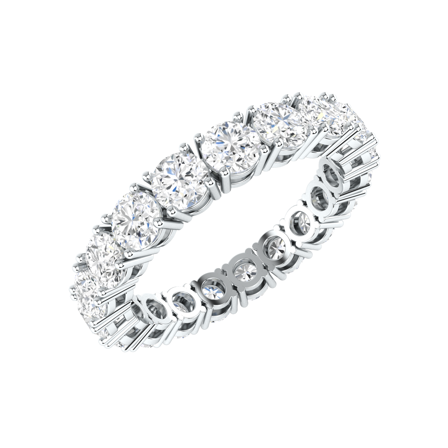 Angled view of a platinum white gold full set eternity ring with round brilliant cut lab grown diamonds