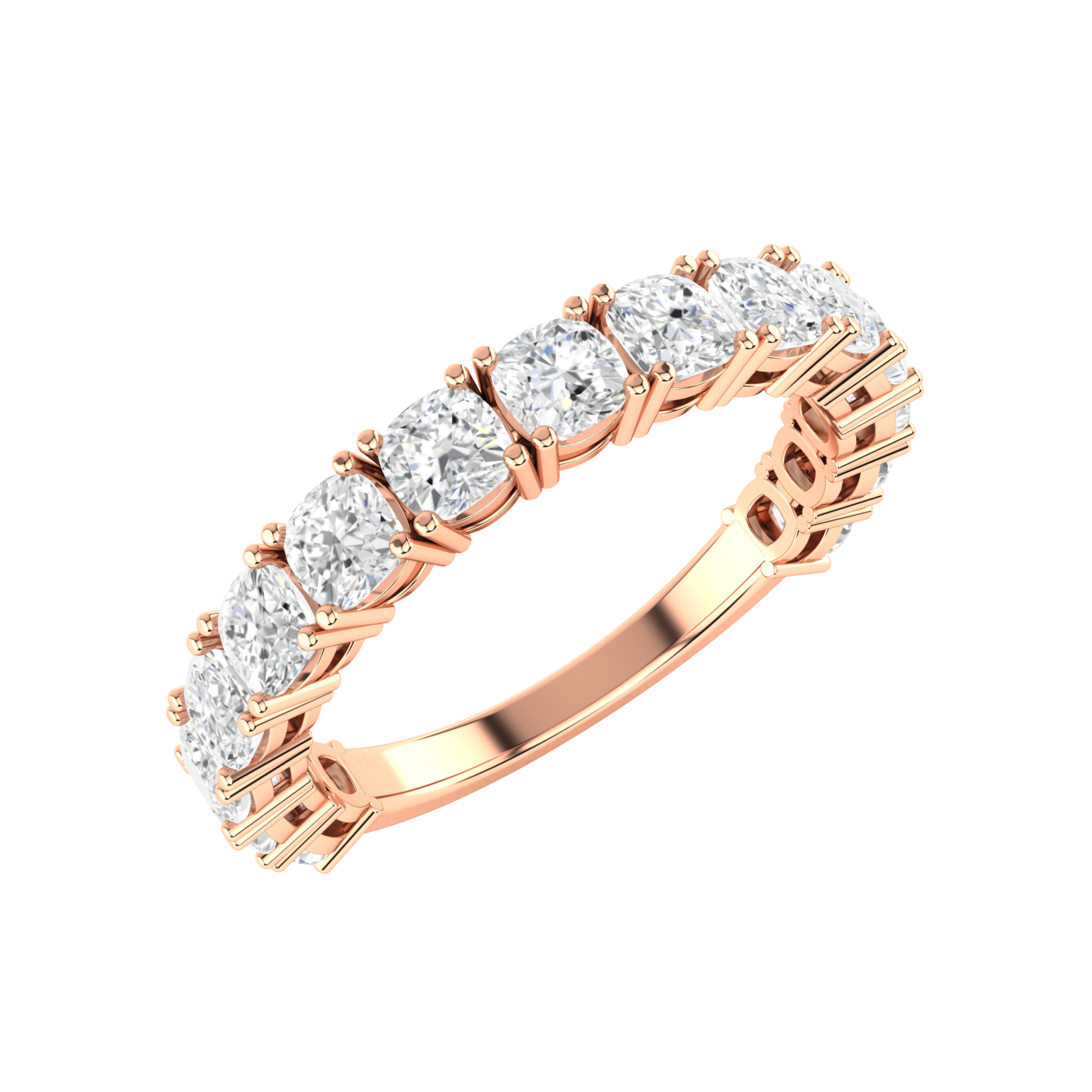 Angled view of a rose gold half set eternity ring with cushion cut lab grown diamonds