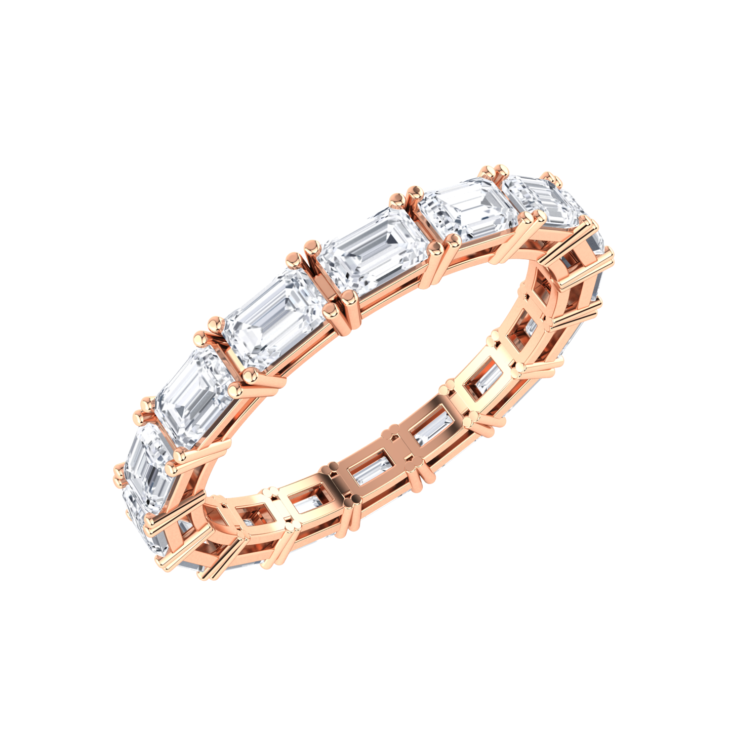 Angled view of a rose gold full set eternity ring with emerald cut lab grown diamonds set horizontally