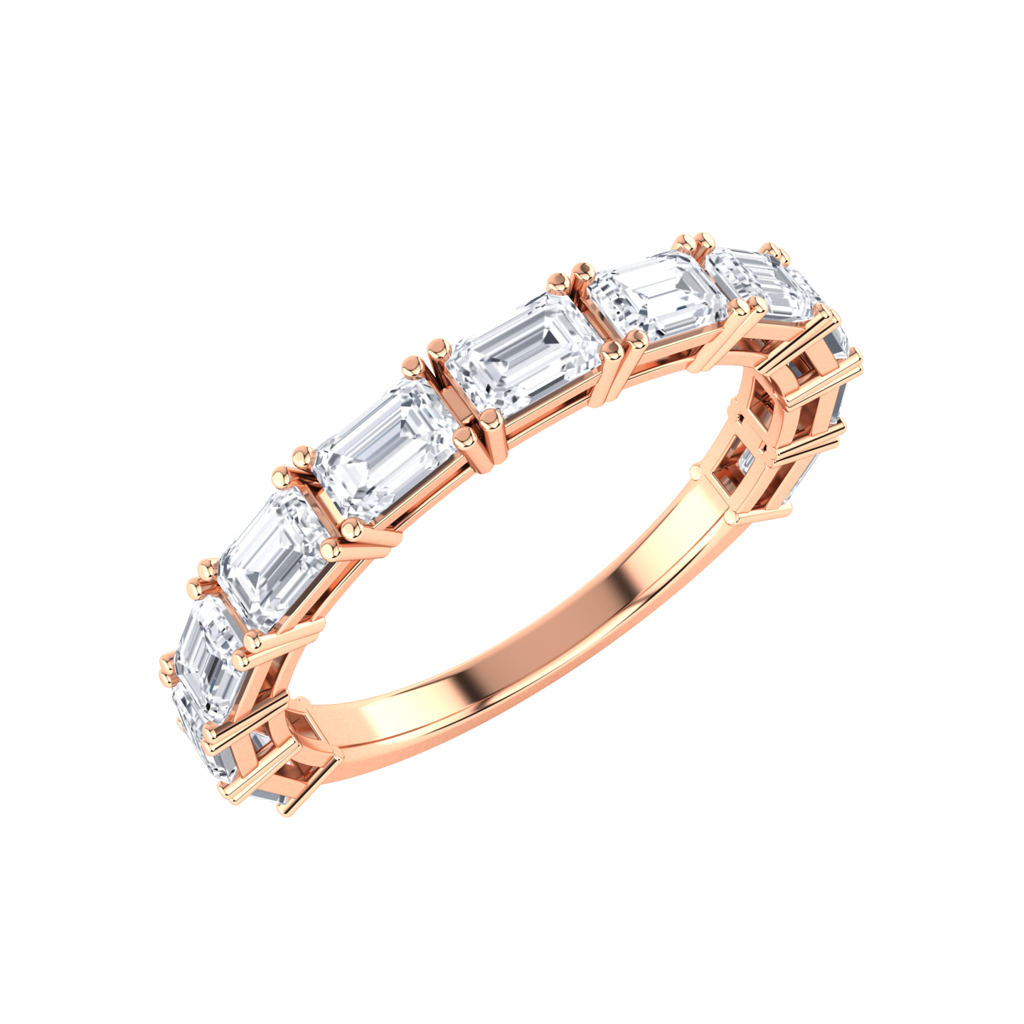 Angled view of a rose gold half set eternity ring with emerald cut lab grown diamonds set horizontally
