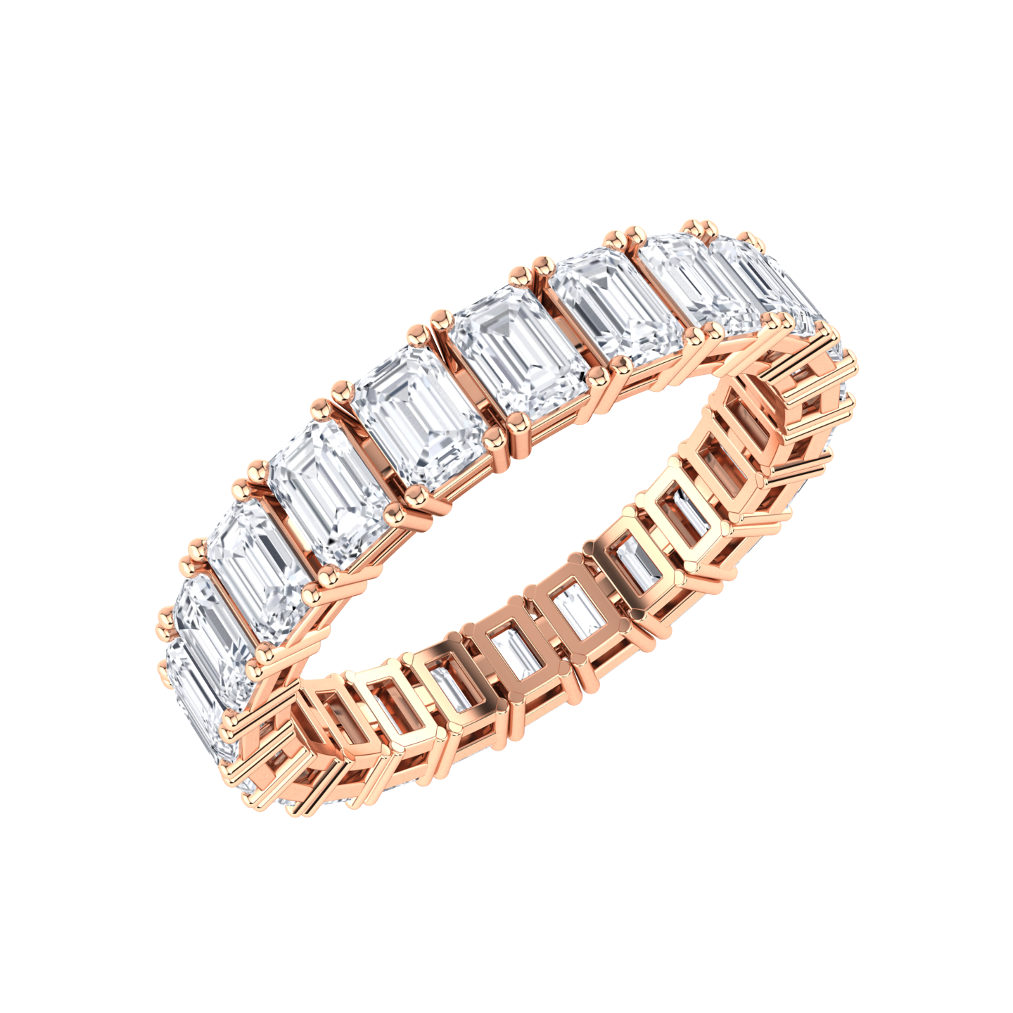 Angled view of a rose gold full set eternity ring with emerald cut lab grown diamonds set vertically