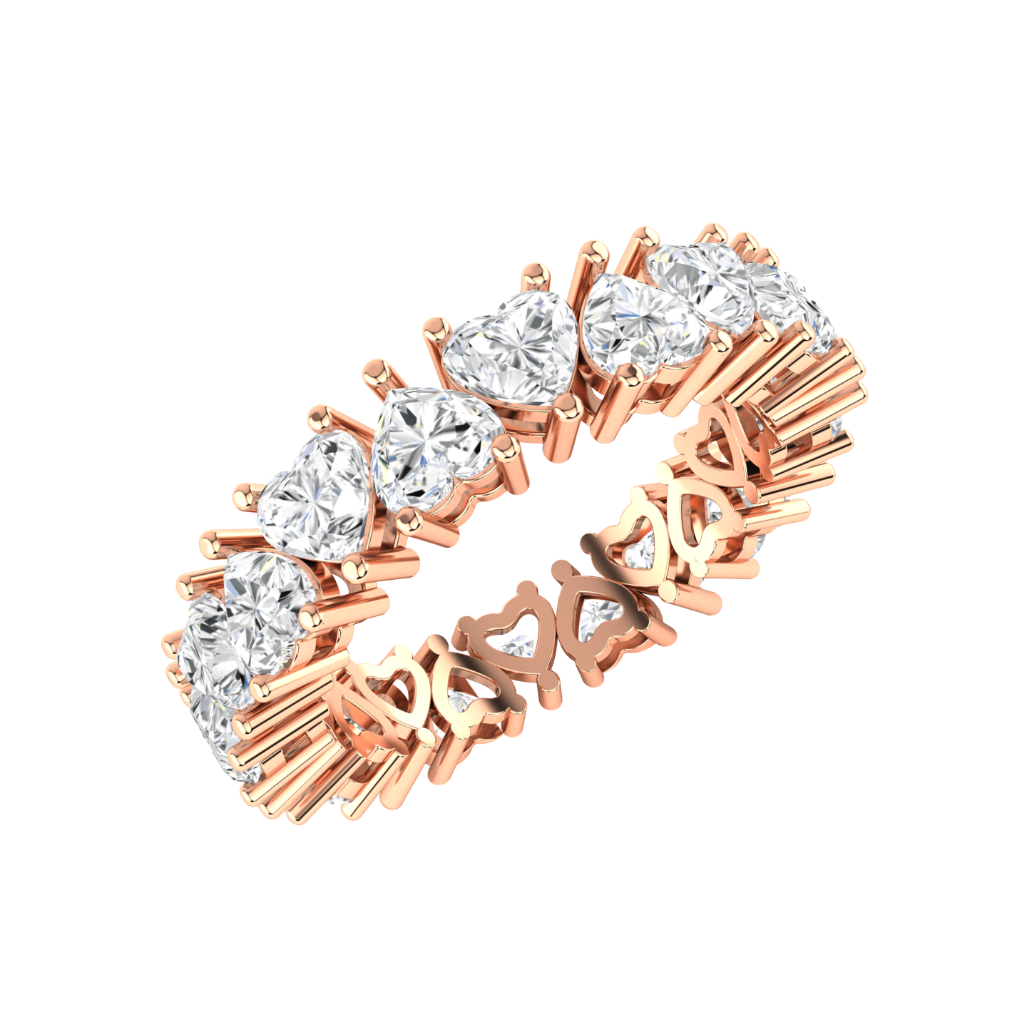Angled view of a rose gold full set eternity ring with heart cut lab grown diamonds