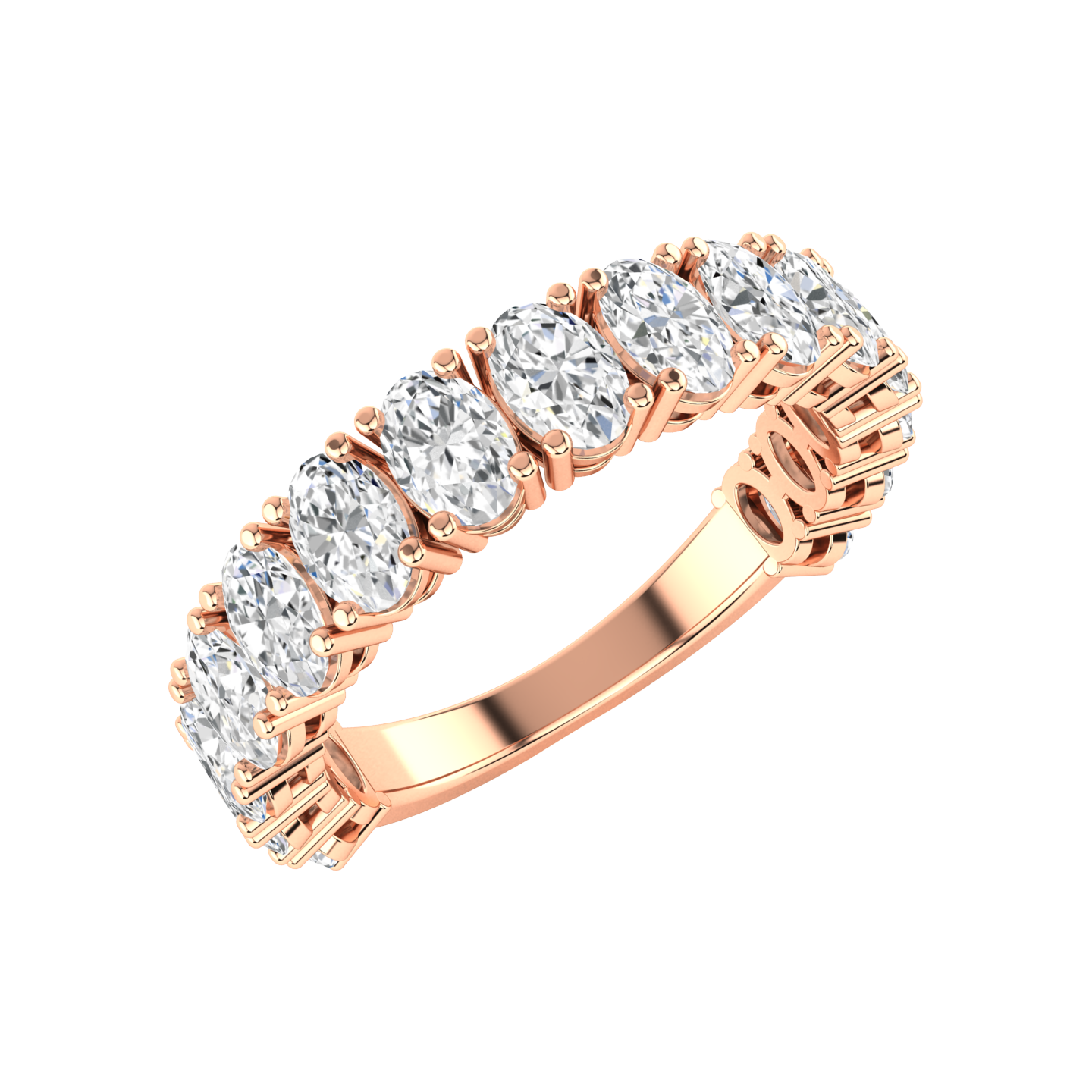 Angled profile of a rose gold half set eternity ring with oval cut lab grown diamonds set vertically