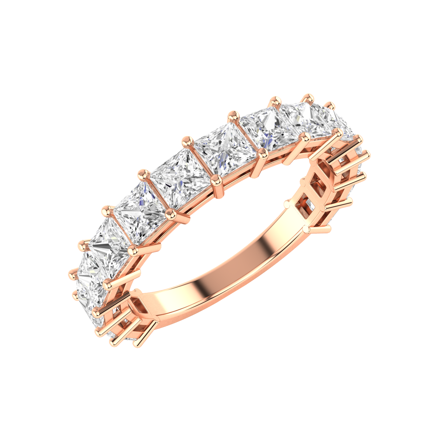 Angled view of a rose gold half set eternity ring with princess cut lab grown diamonds