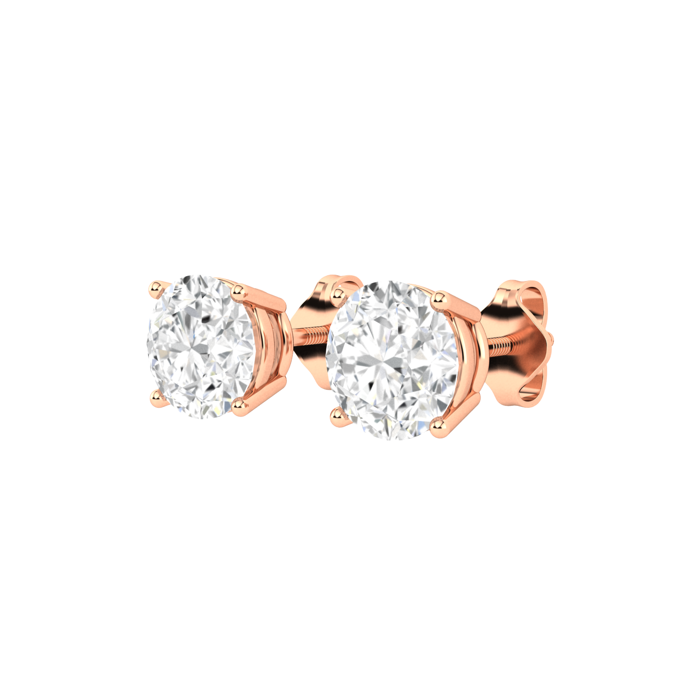 Angled profile of a pair of rose gold solitaire stud earrings with round brilliant diamonds in a 4 claw prong basket setting