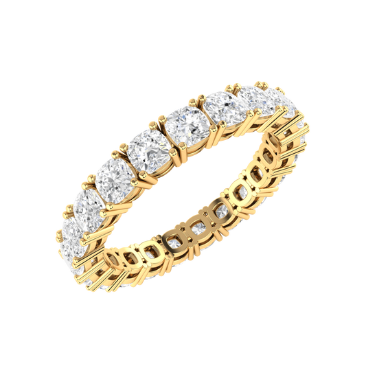 Angled view of a yellow gold full set eternity ring with cushion cut lab grown diamonds