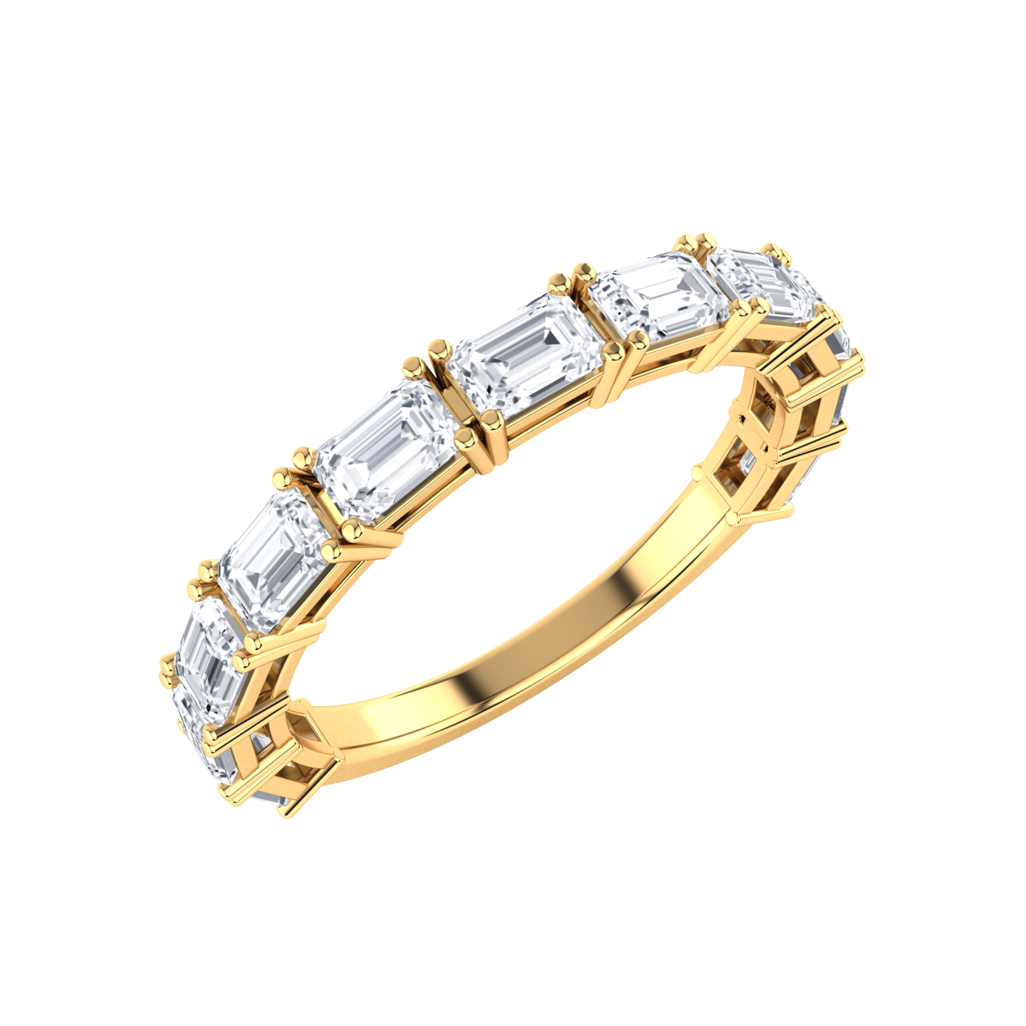Angled view of a yellow gold half set eternity ring with emerald cut lab grown diamonds set horizontally