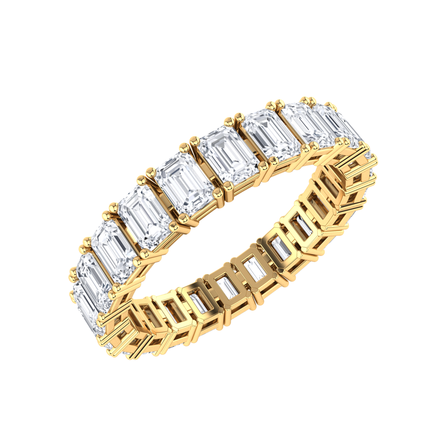 Angled view of a yellow gold full set eternity ring with emerald cut lab grown diamonds set vertically