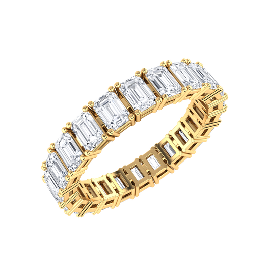 Angled view of a yellow gold full set eternity ring with emerald cut lab grown diamonds set vertically