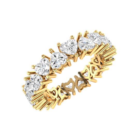 Angled view of a yellow gold full set eternity ring with heart cut lab grown diamonds