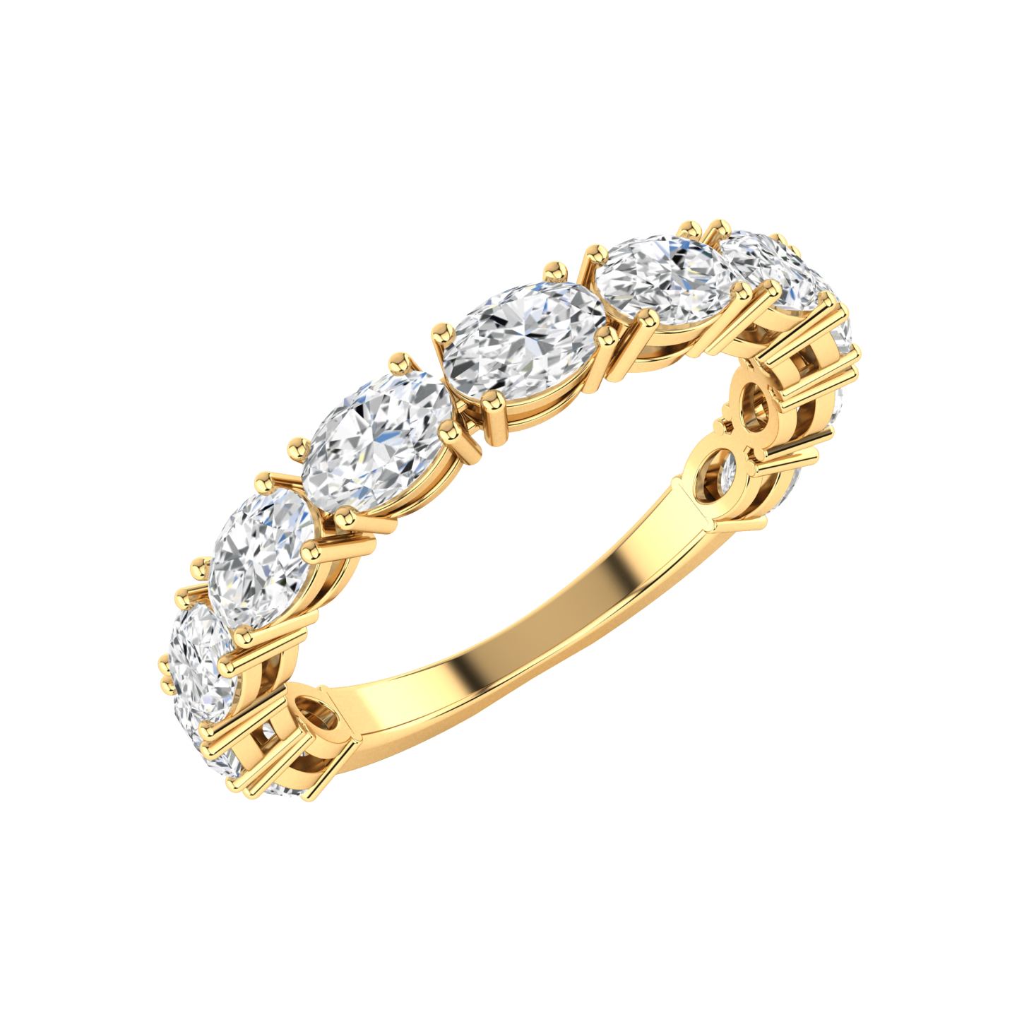 Angled profile of a yellow gold horizontally set oval shaped lab grown diamond half set eternity ring