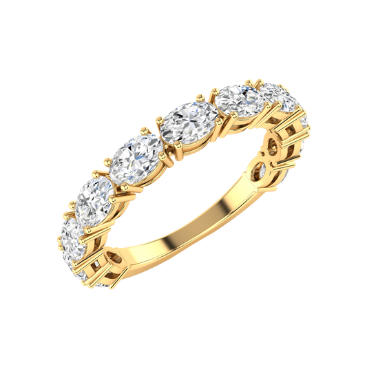 Angled profile of a yellow gold horizontally set oval shaped lab grown diamond half set eternity ring