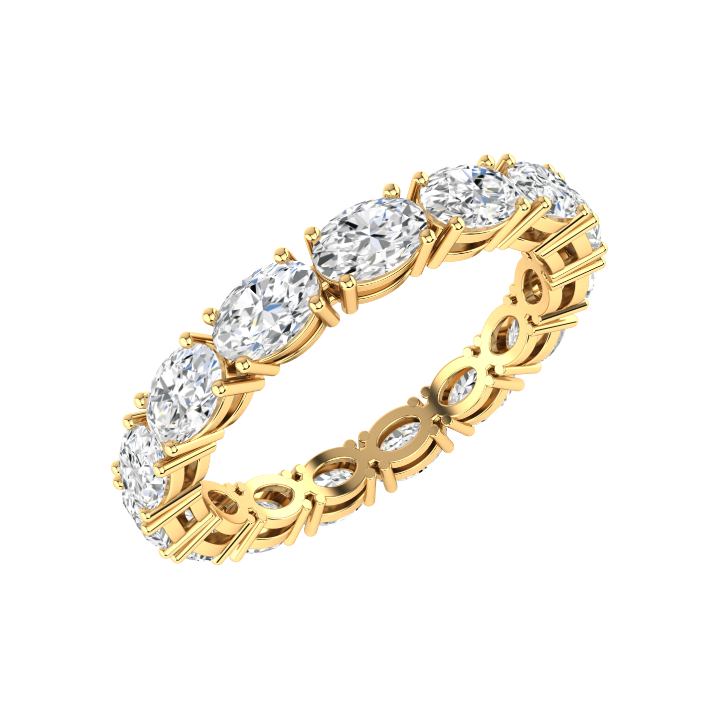 Angled view of a yellow gold full set eternity ring with oval cut lab grown diamonds set horizontally