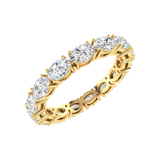 Angled view of a yellow gold full set eternity ring with oval cut lab grown diamonds set horizontally