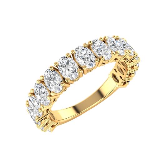 Angled profile of a yellow gold half set eternity ring with vertically set oval cut lab grown diamonds