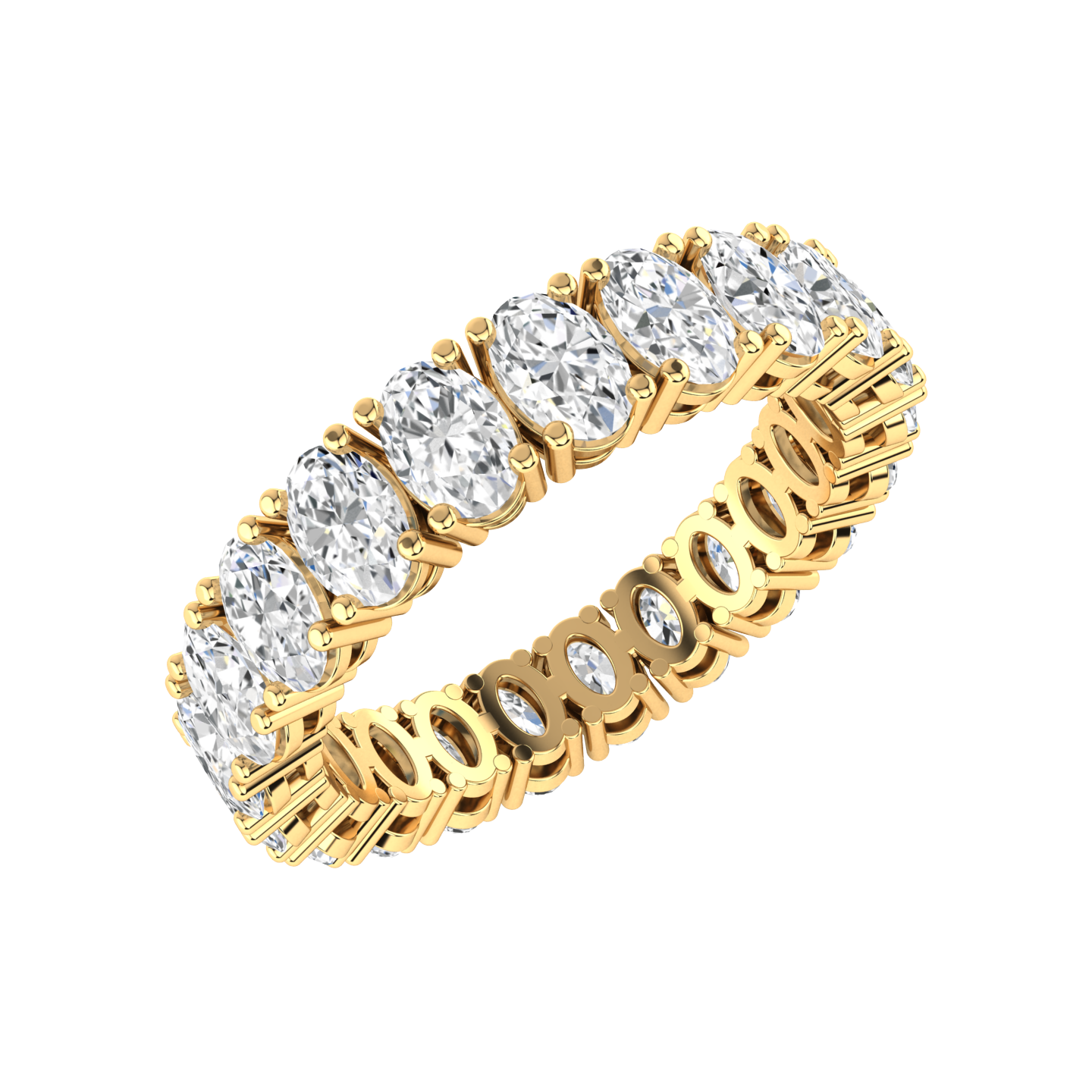 Angled view of a yellow gold full set eternity ring with oval cut lab grown diamonds set vertically