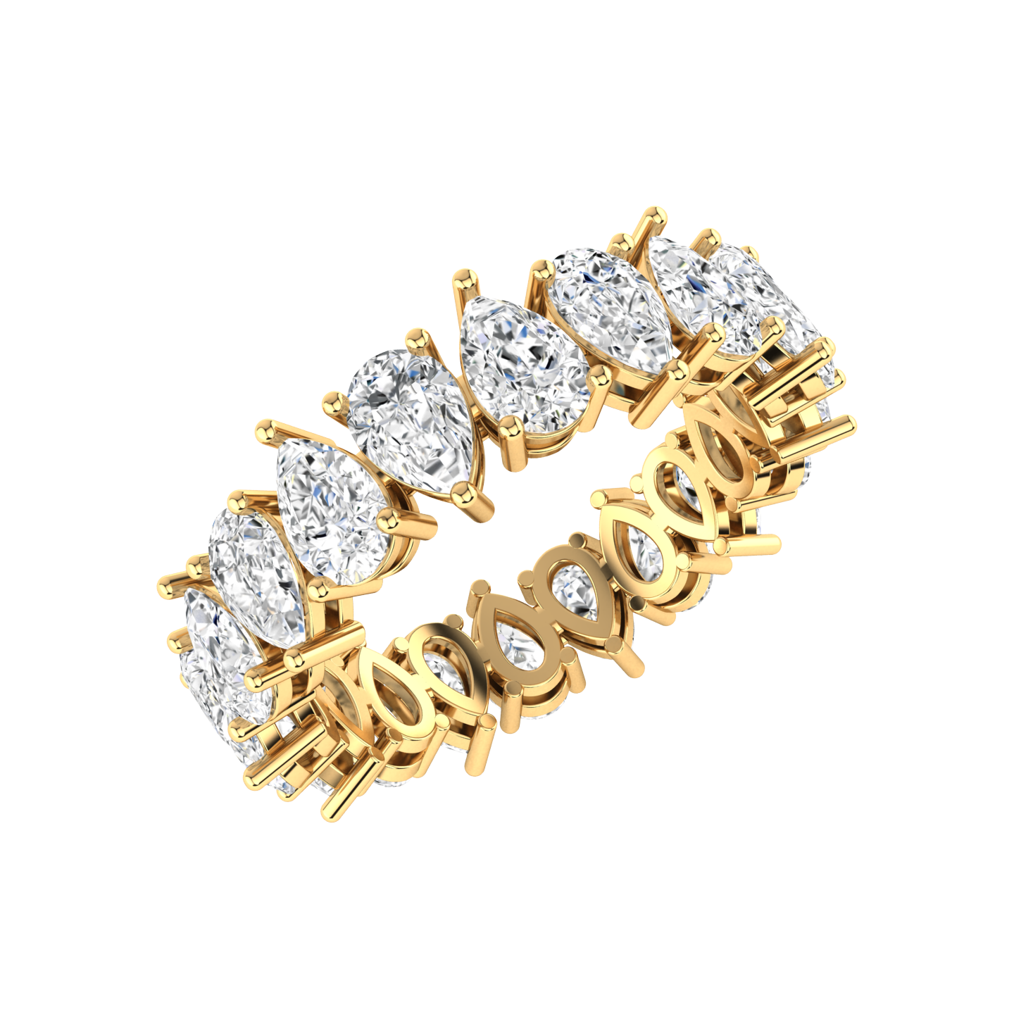 Angled view of a yellow gold full set eternity ring with pear cut lab grown diamonds