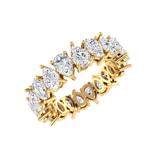 Angled view of a yellow gold full set eternity ring with pear cut lab grown diamonds
