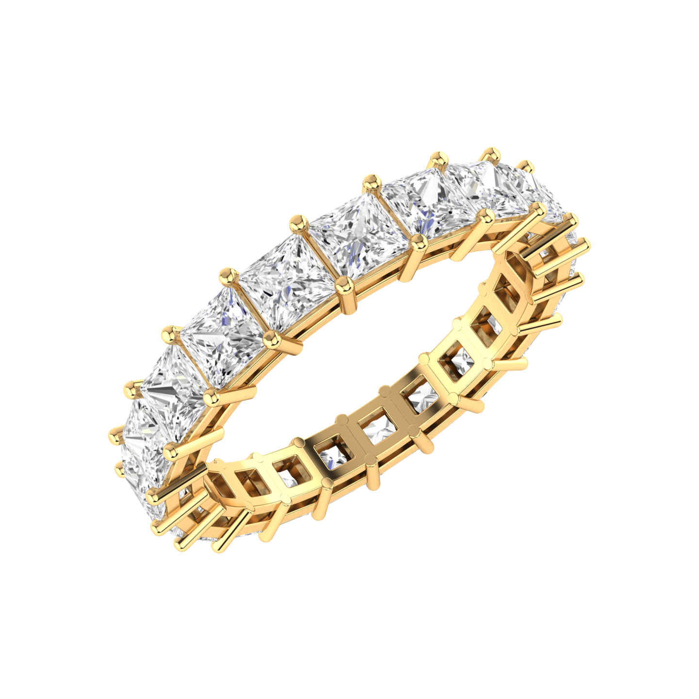 Angled view of a yellow gold full set eternity ring with princess cut lab grown diamonds