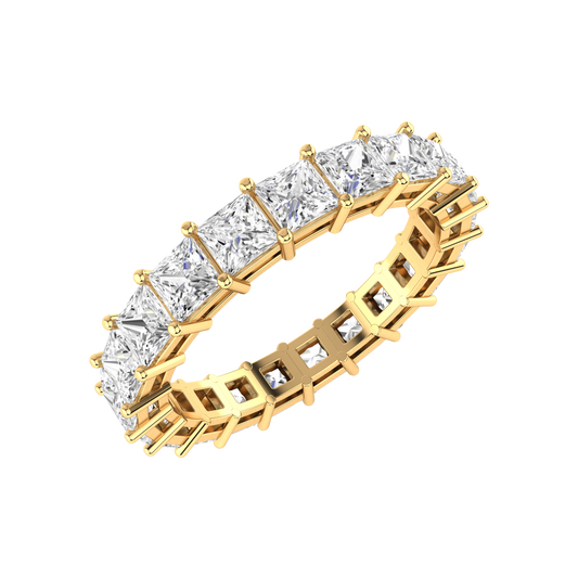 Angled view of a yellow gold full set eternity ring with princess cut lab grown diamonds