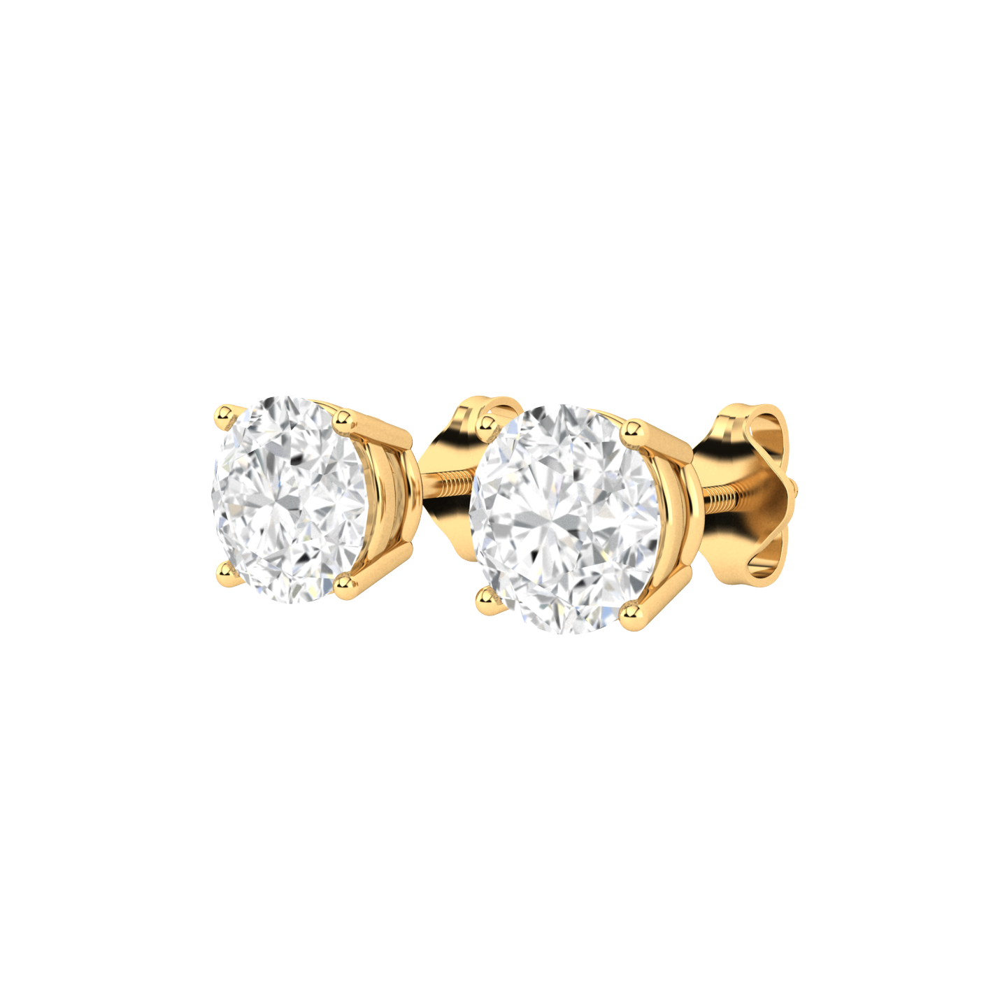 Angled profile of a pair of yellow gold solitaire stud earrings with round brilliant diamonds in a 4 claw prong basket setting