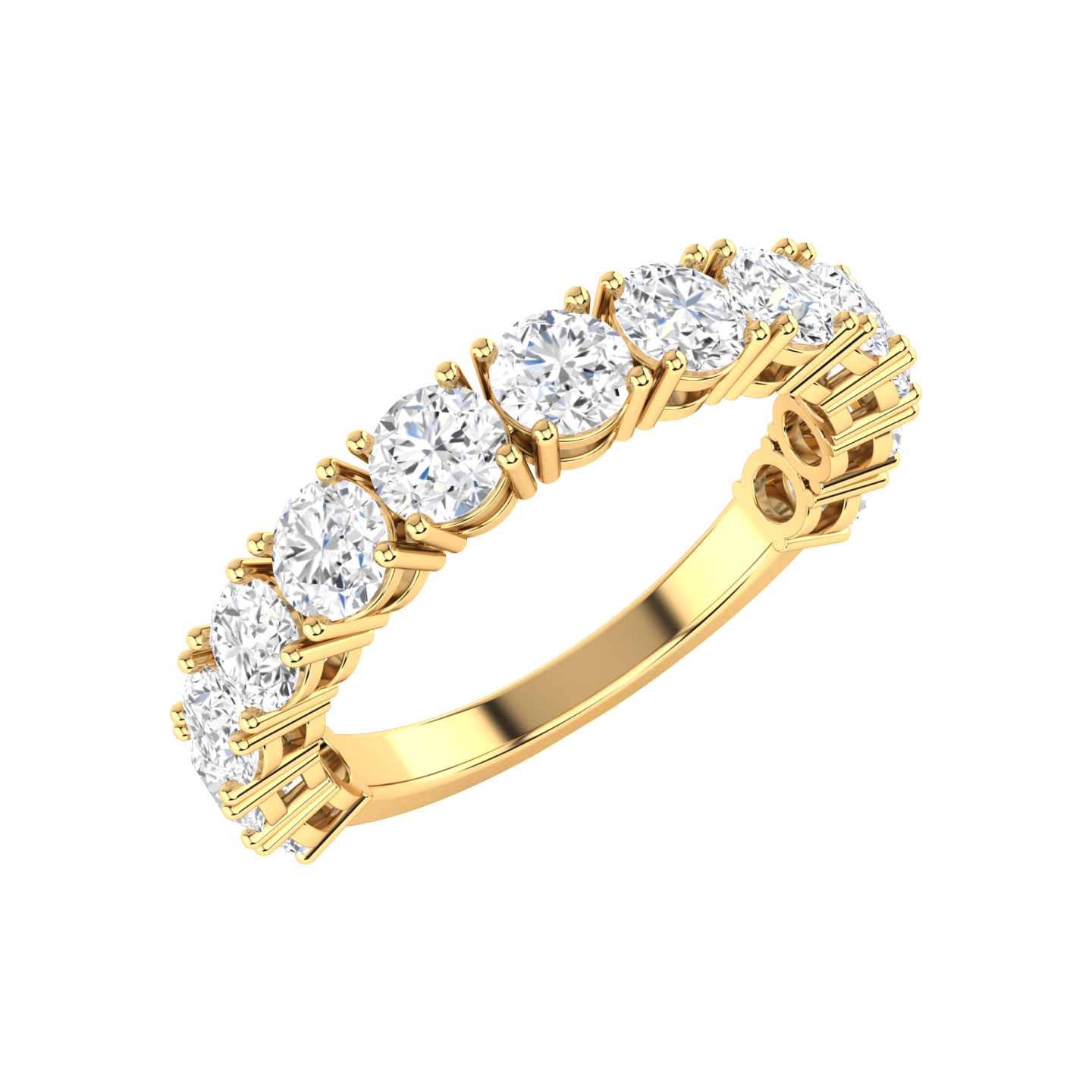 Angled view of a yellow gold half set eternity ring with round brilliant cut lab grown diamonds